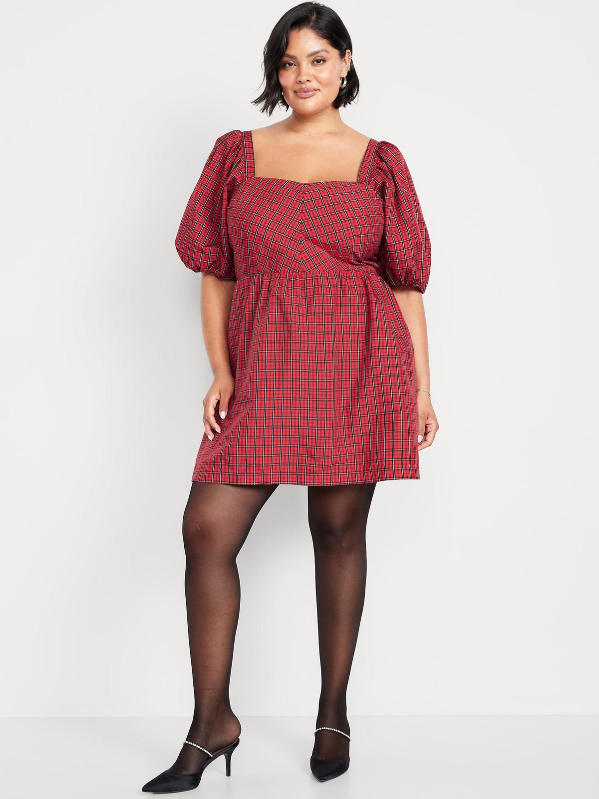 Puff-Sleeve Plaid Fit & Flare Taffeta Mini Dress