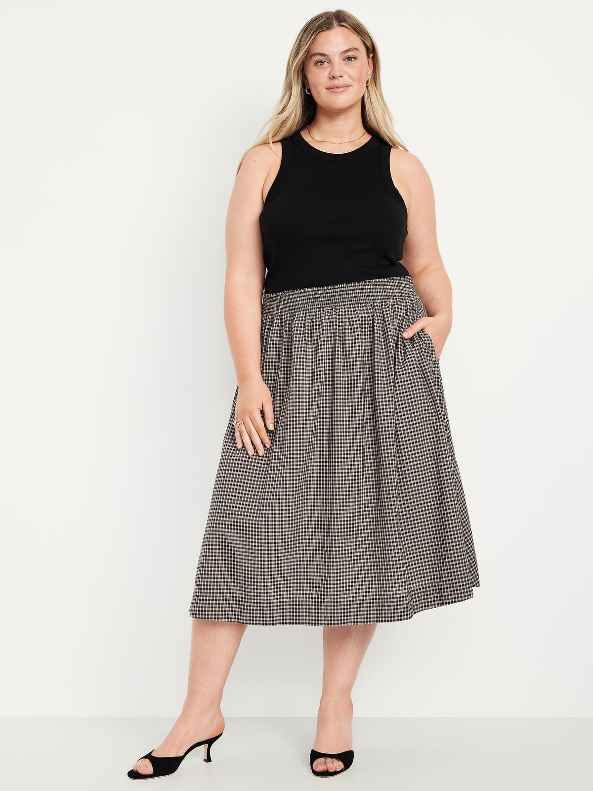 Smocked-Waist Plaid Midi Skirt