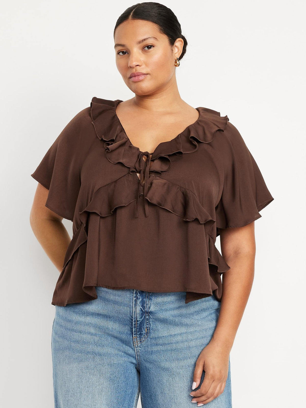 Satin Ruffle Tie-Front Top