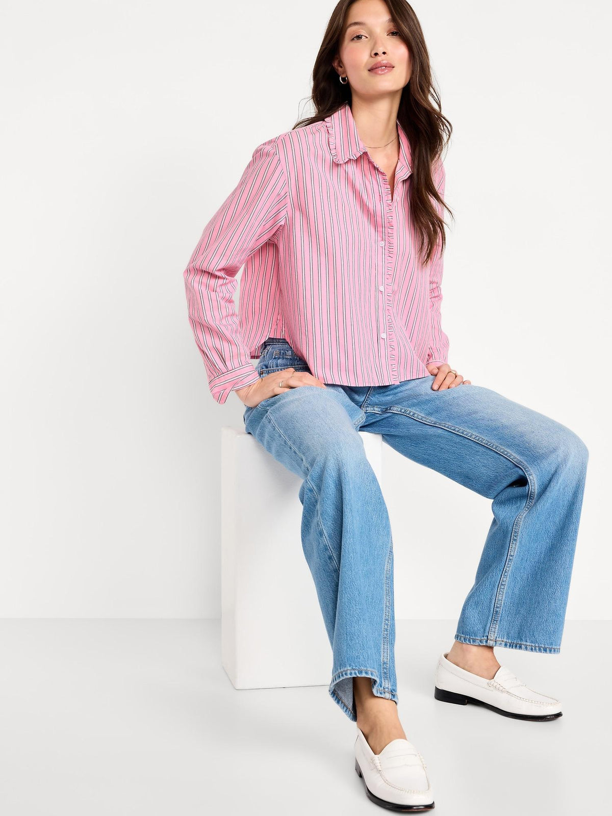 Cropped Button-Down Ruffle-Front Shirt