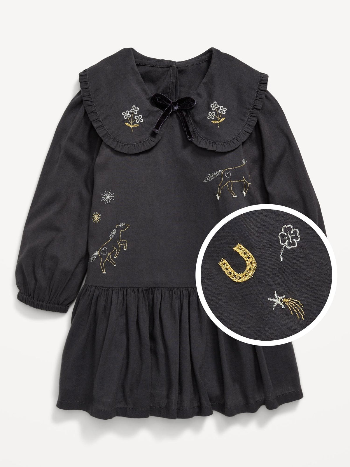 Long-Sleeve Embroidered Collared Dress for Toddler Girls