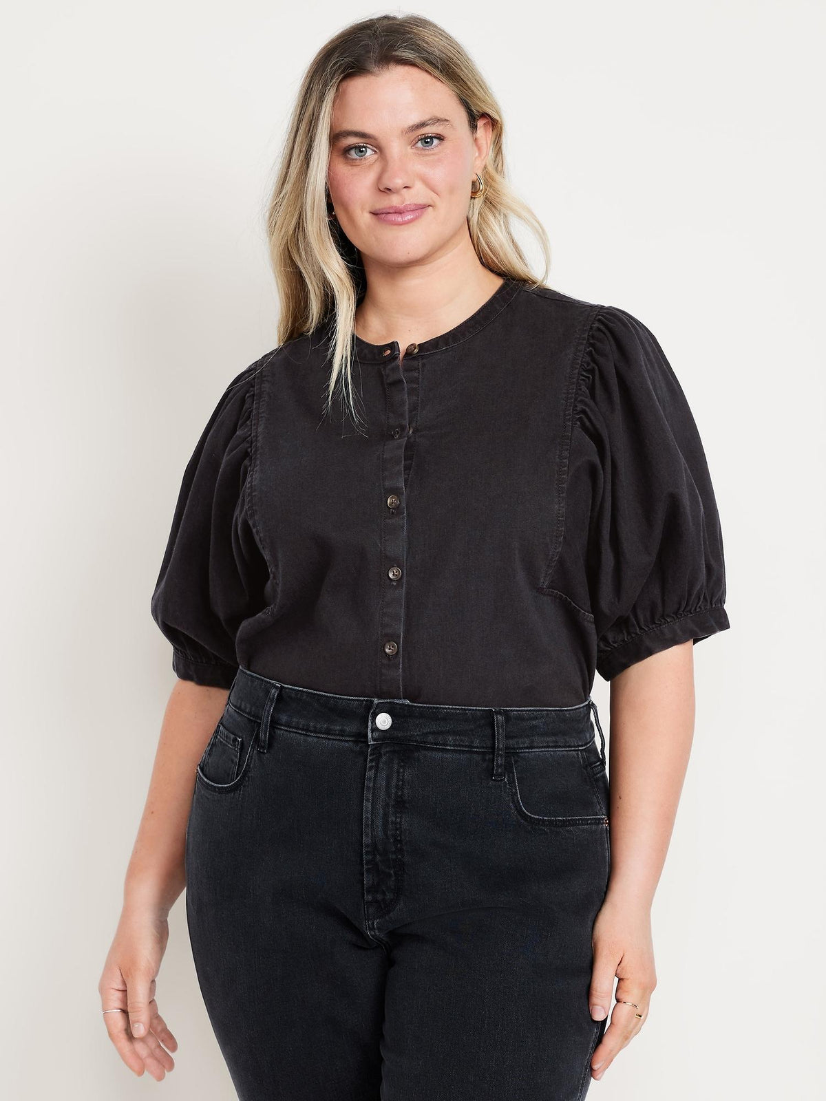 Puff-Sleeve Button-Down Cropped Shirt
