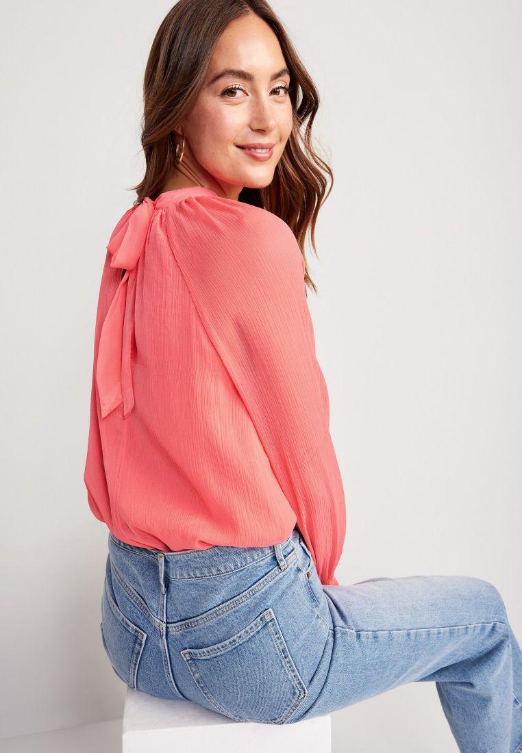 Shirred Mock-Neck Tie-Back Blouse for Women