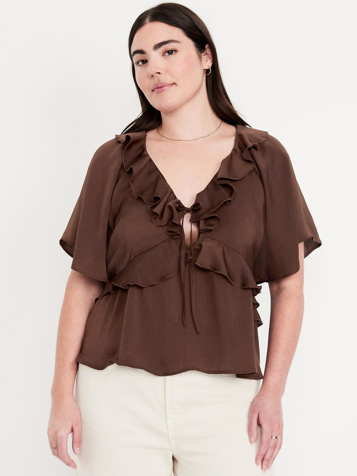 Satin Ruffle Tie-Front Top