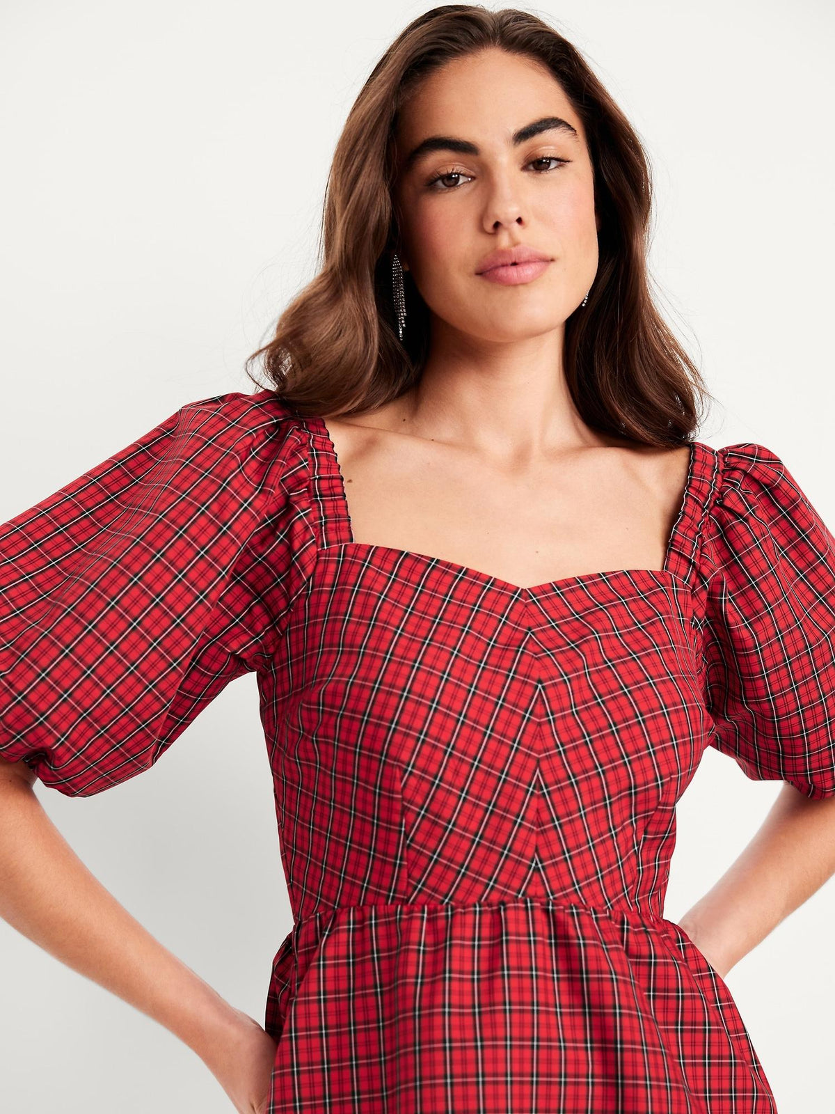 Puff-Sleeve Plaid Fit & Flare Taffeta Mini Dress