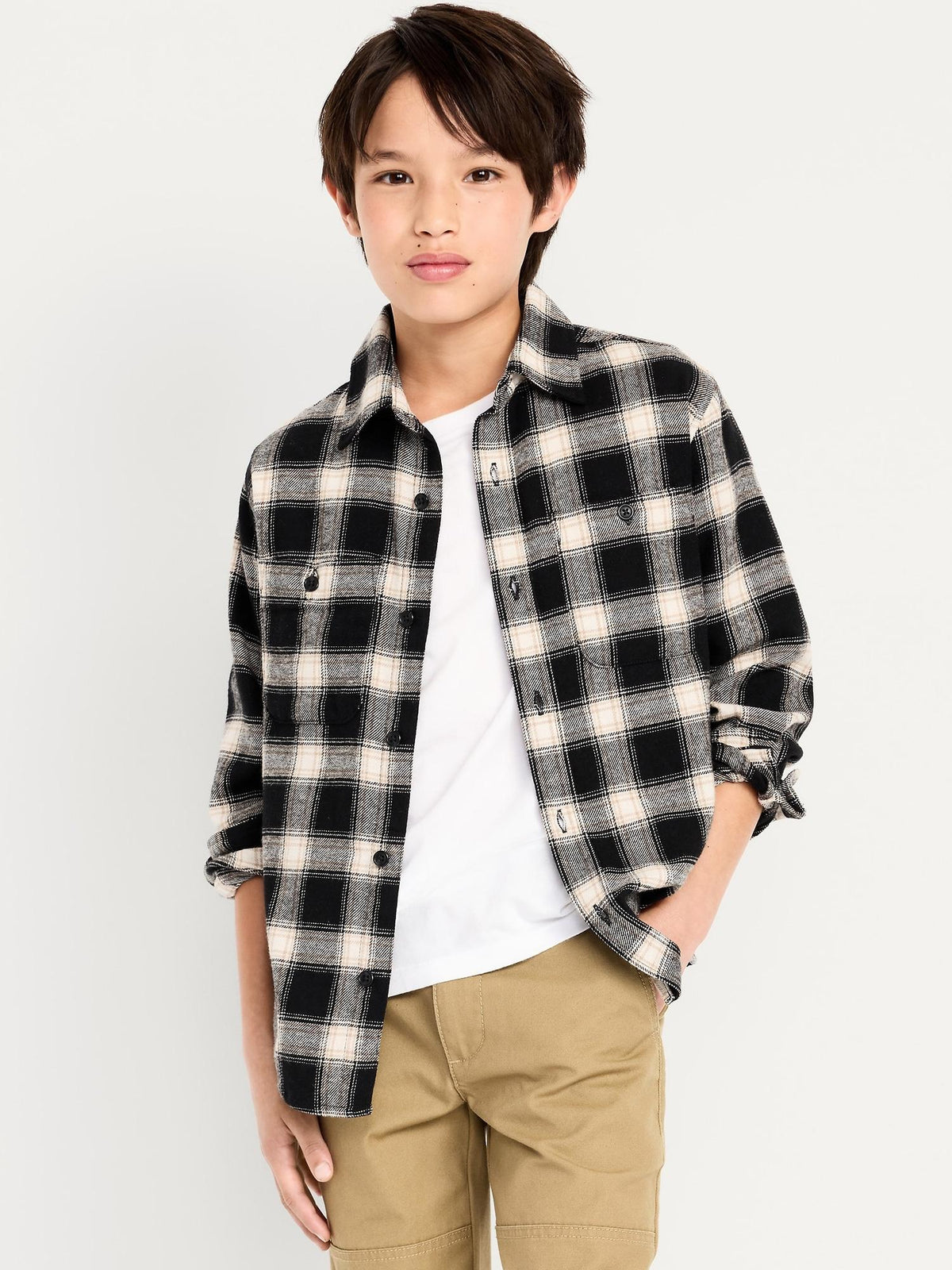 Long-Sleeve Pocket Plaid Flannel Shirt for Boys