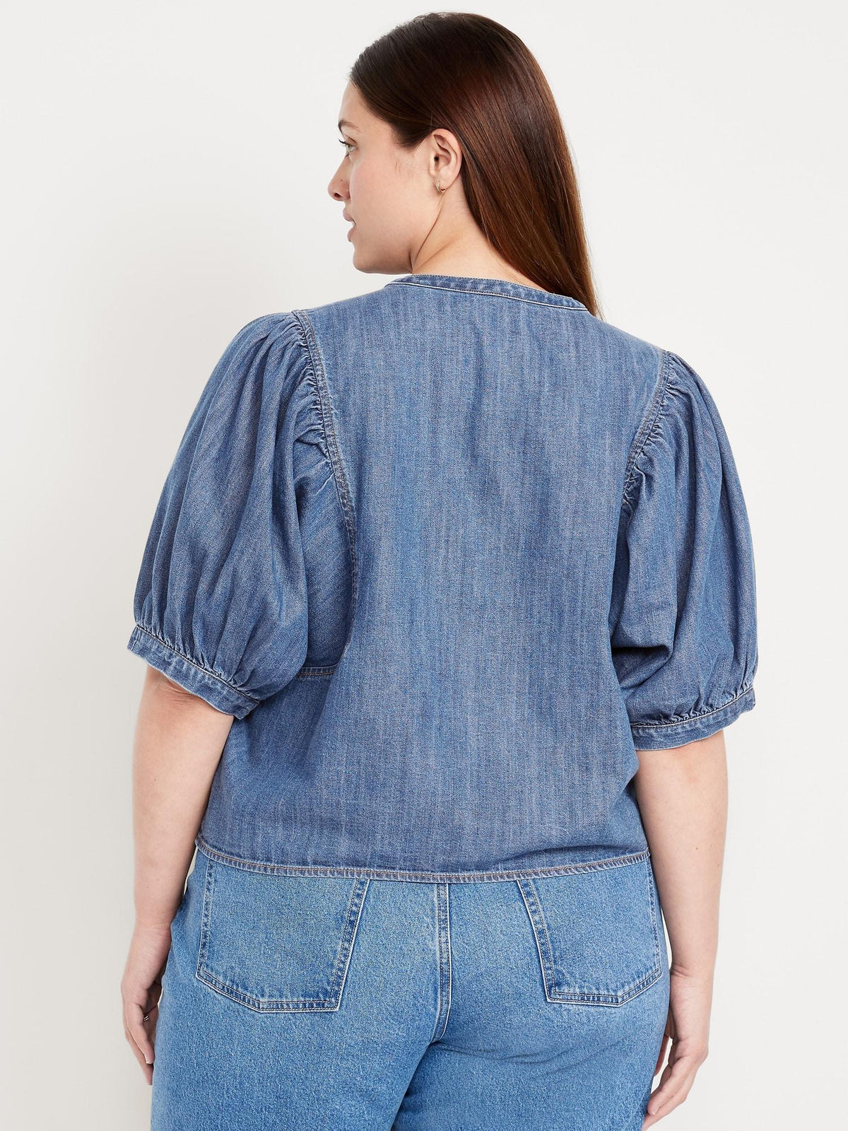 Puff-Sleeve Button-Down Cropped Denim Shirt