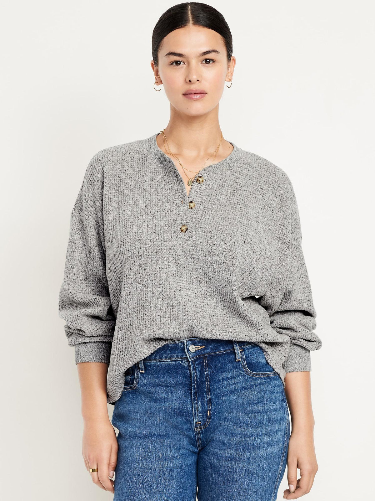 Oversized Cozy Waffle Henley Top