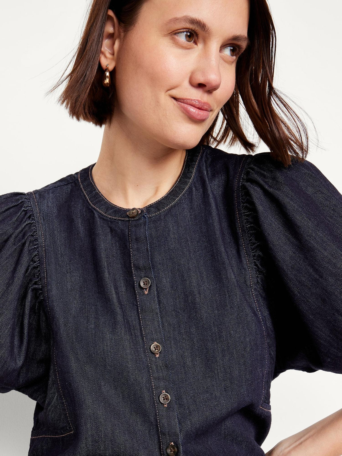 Button-Down Puff-Sleeve Denim Shirt