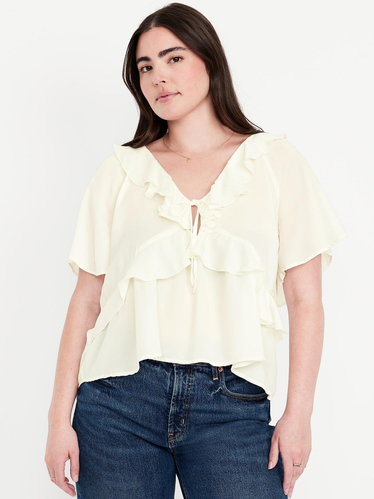 Satin Ruffle Tie-Front Top