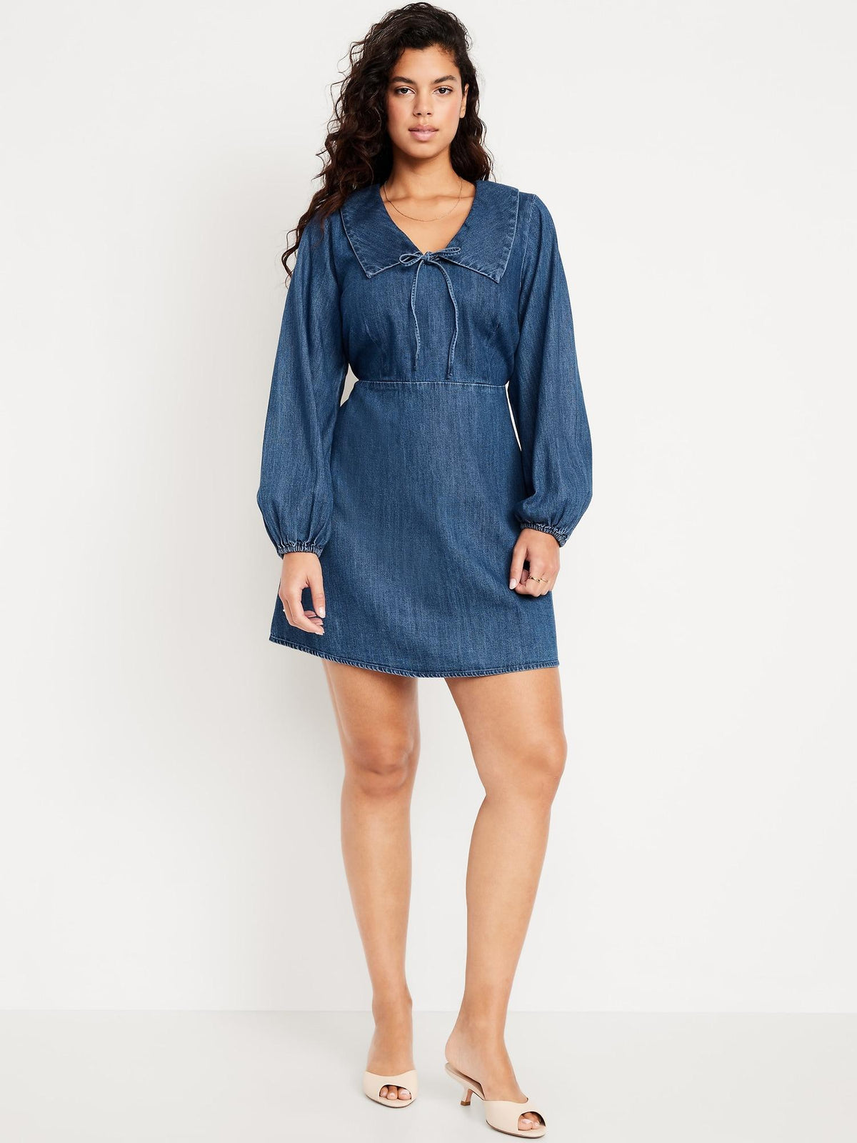 Long-Sleeve Fit & Flare Collared Jean Mini Dress