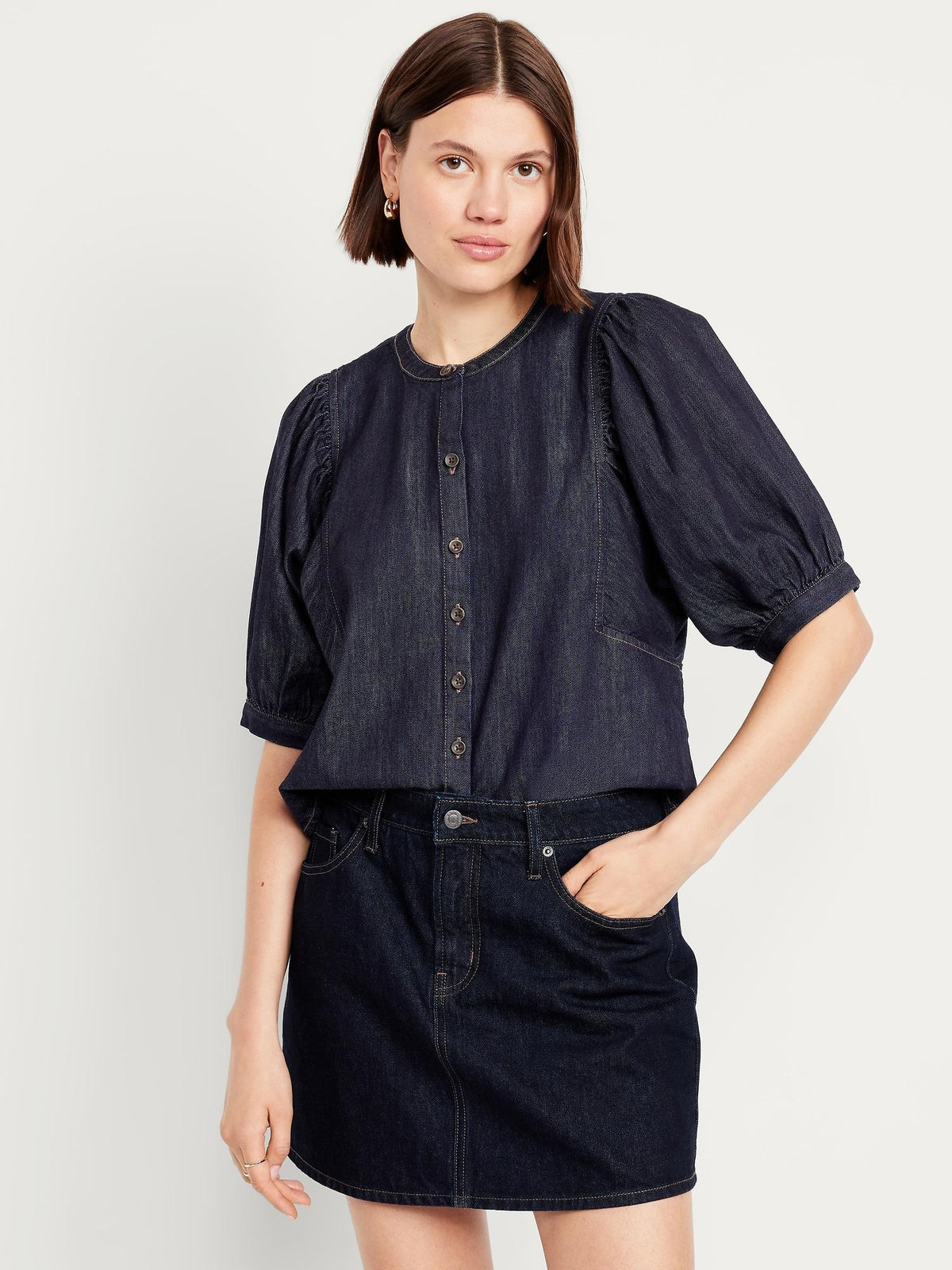 Button-Down Puff-Sleeve Denim Shirt