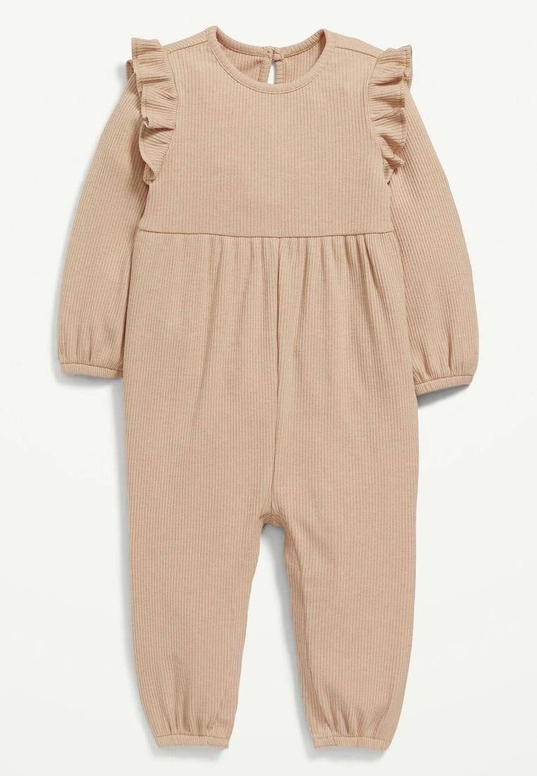 Long-Sleeve Rib-Knit Ruffle-Trim Jumpsuit for Baby