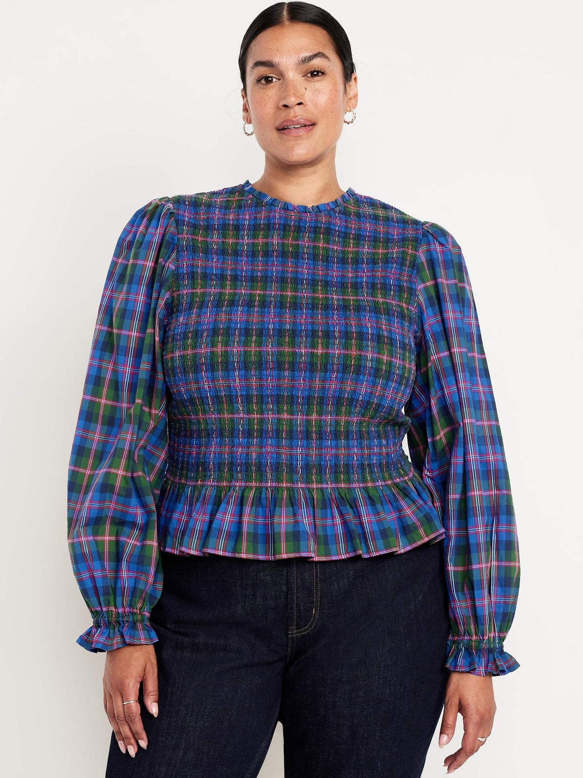 Long-Sleeve Plaid Smocked Top