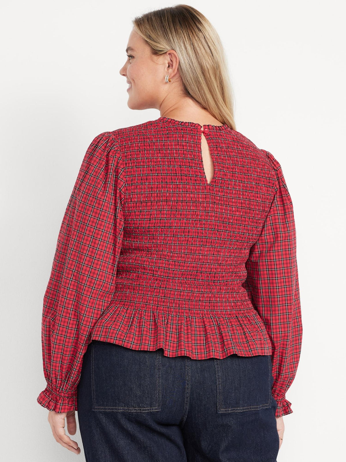 Long-Sleeve Plaid Smocked Top