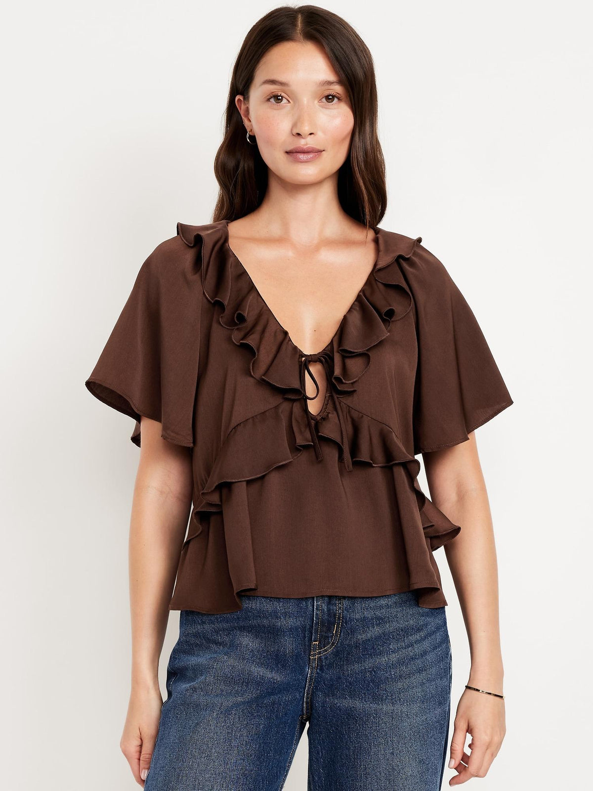 Satin Ruffle Tie-Front Top