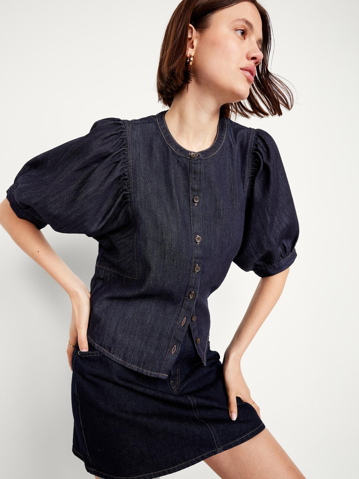 Button-Down Puff-Sleeve Denim Shirt