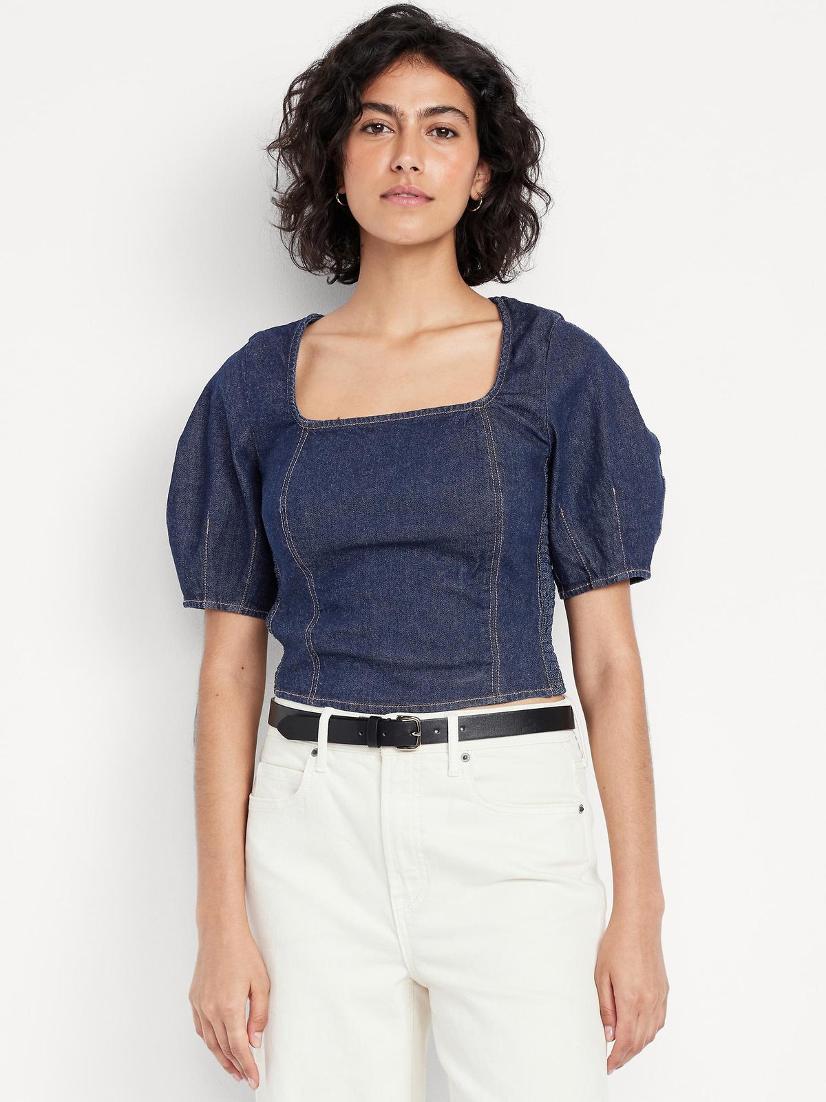 Square-Neck Denim Crop Top