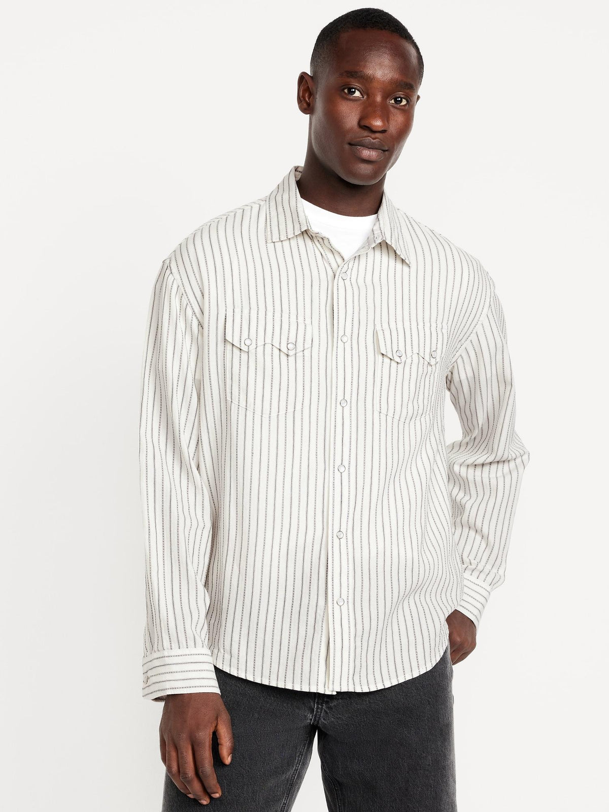 Textured-Stripe Western Pocket Shirt