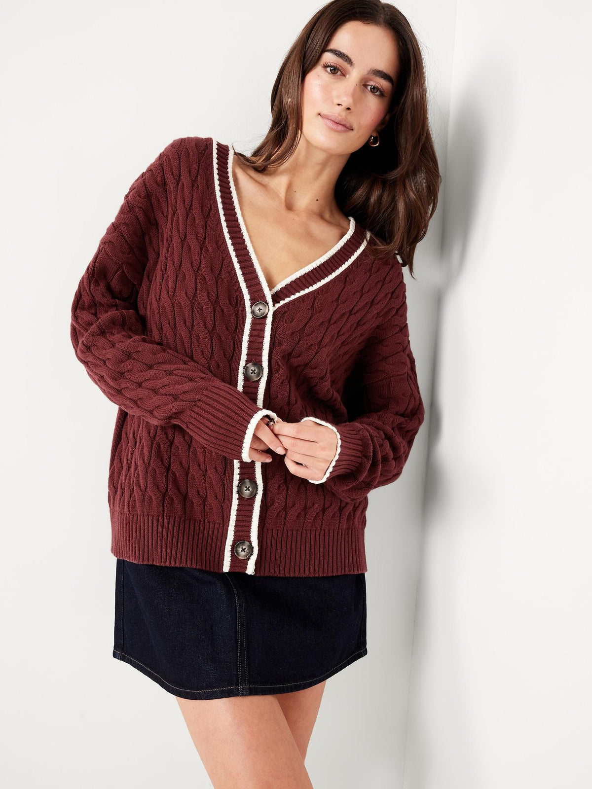 Slouchy Cable-Knit Cardigan Sweater