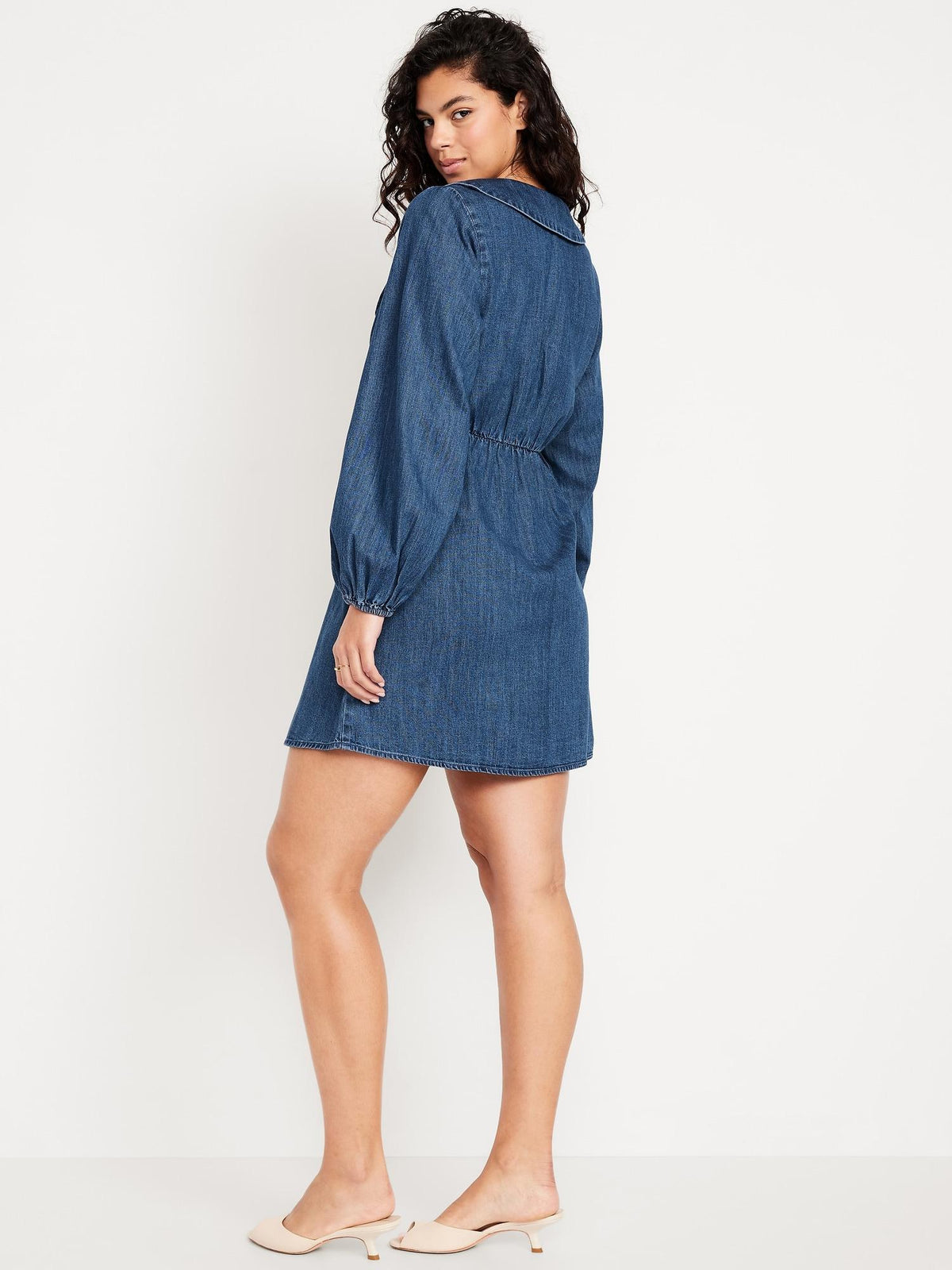 Long-Sleeve Fit & Flare Collared Jean Mini Dress
