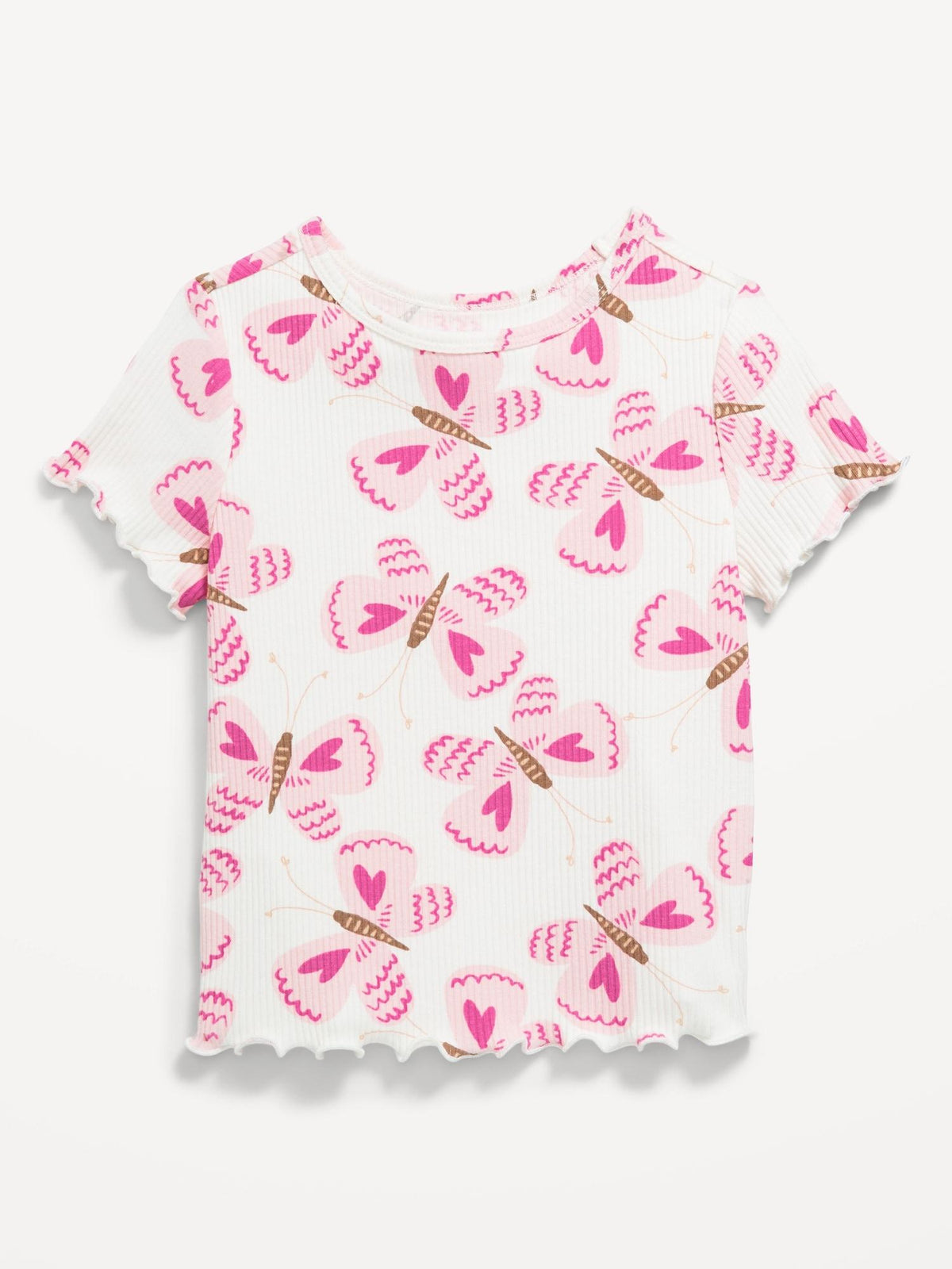 Printed Short-Sleeve Ribbed Lettuce-Edge T-Shirt for Toddler Girls