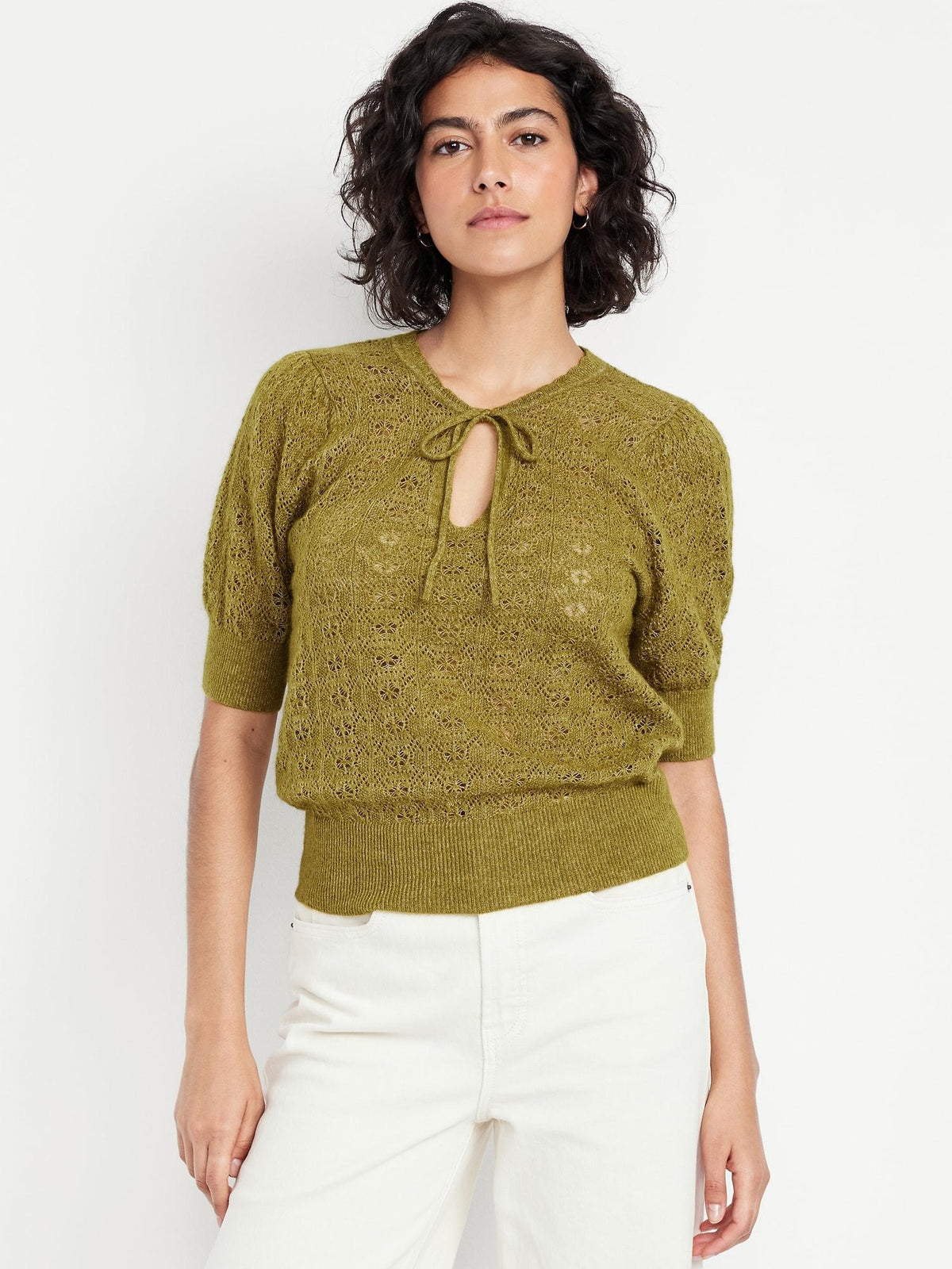 Puff-Sleeve Tie-Neck Pointelle Sweater
