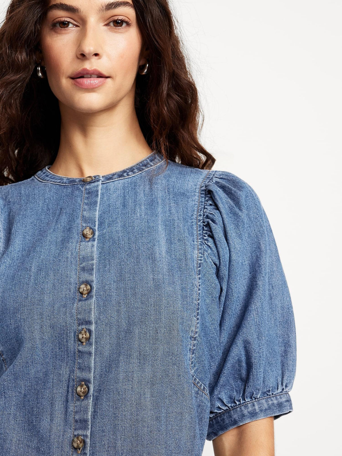 Puff-Sleeve Button-Down Cropped Denim Shirt