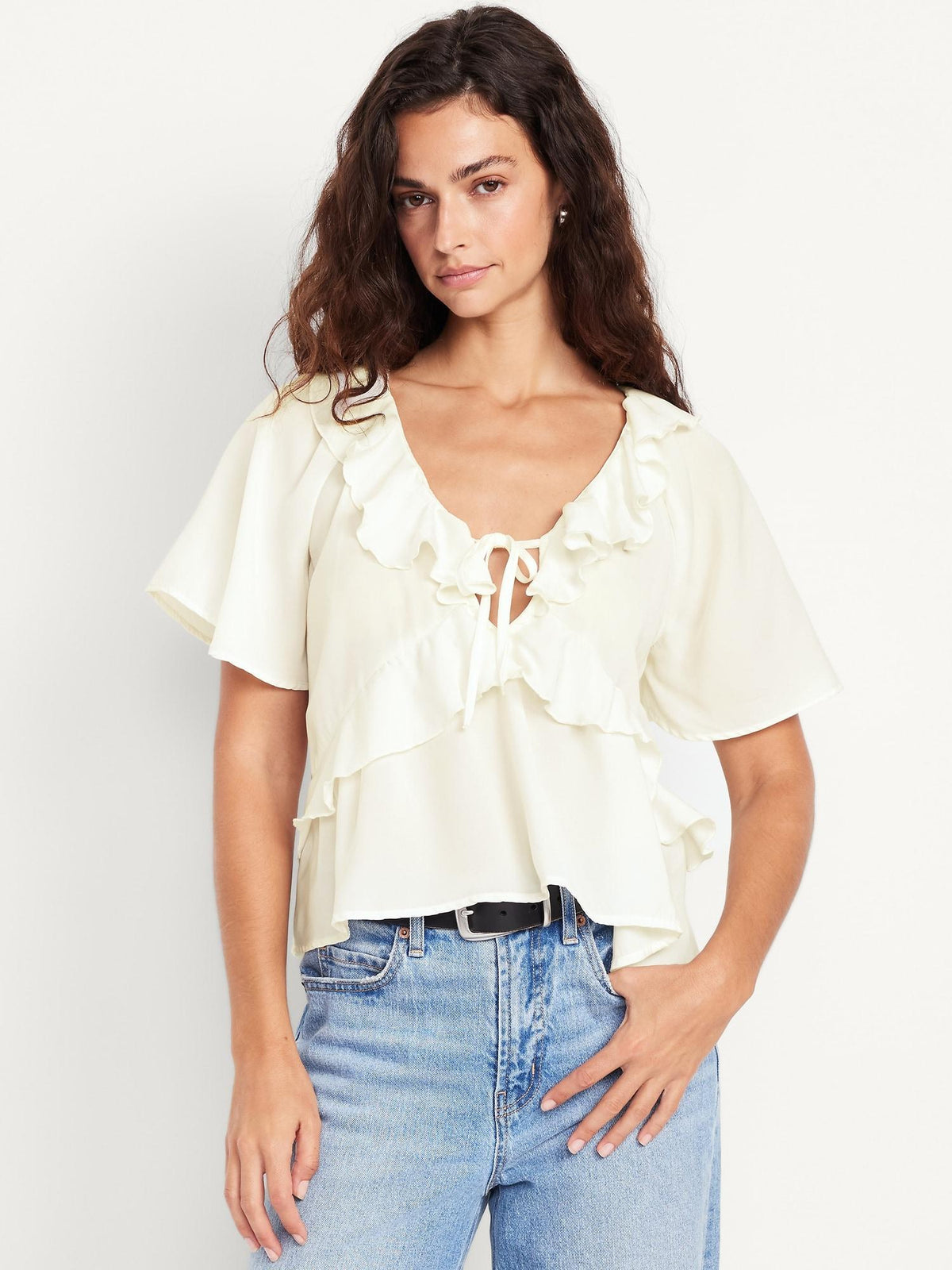 Satin Ruffle Tie-Front Top