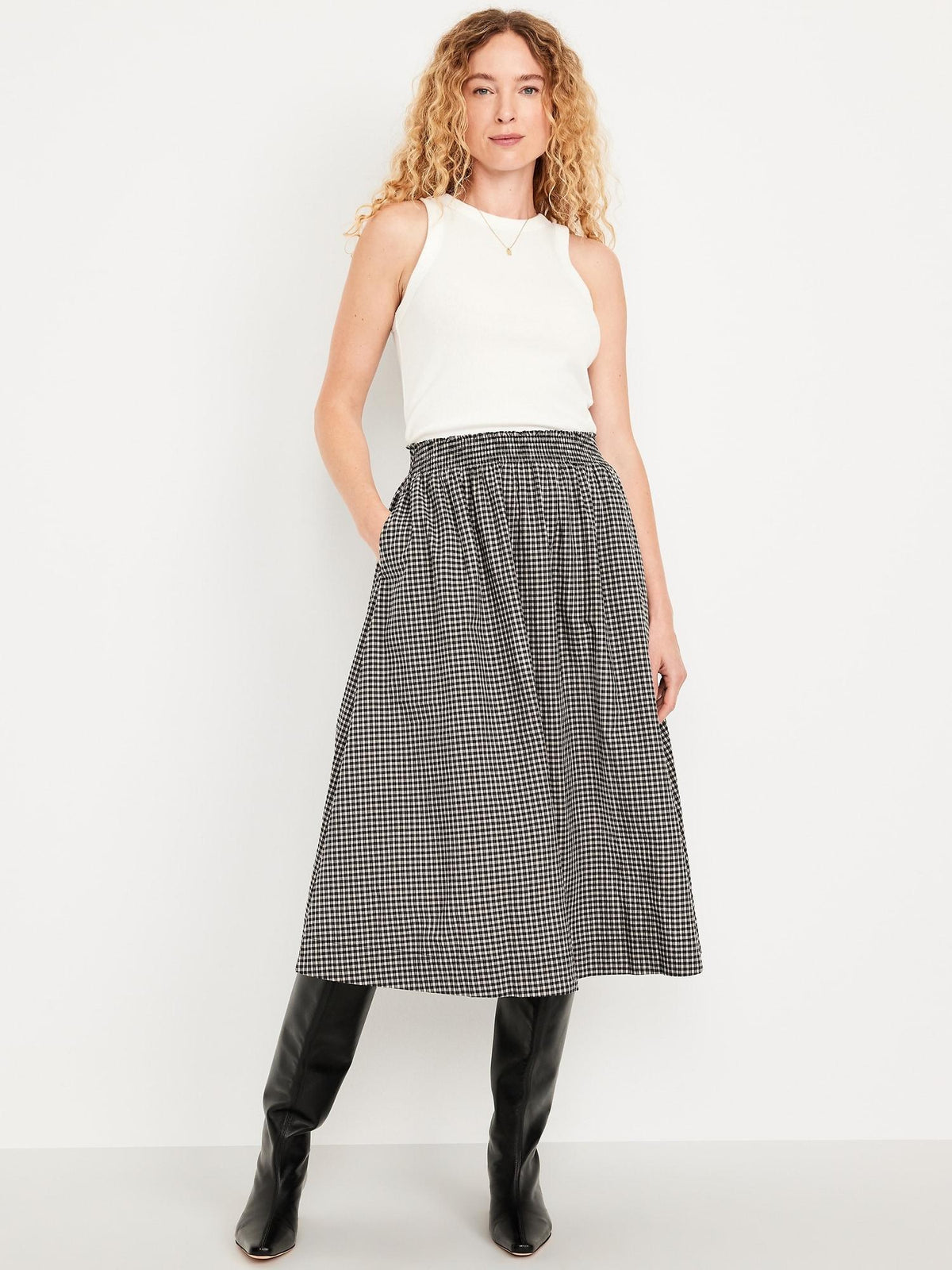 Smocked-Waist Plaid Midi Skirt