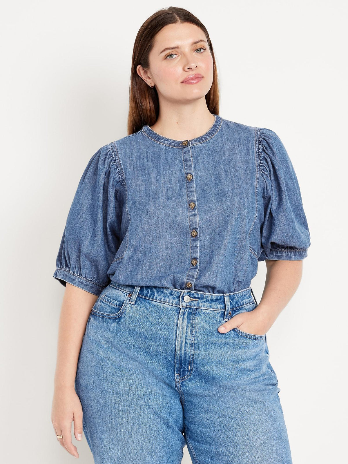 Puff-Sleeve Button-Down Cropped Denim Shirt
