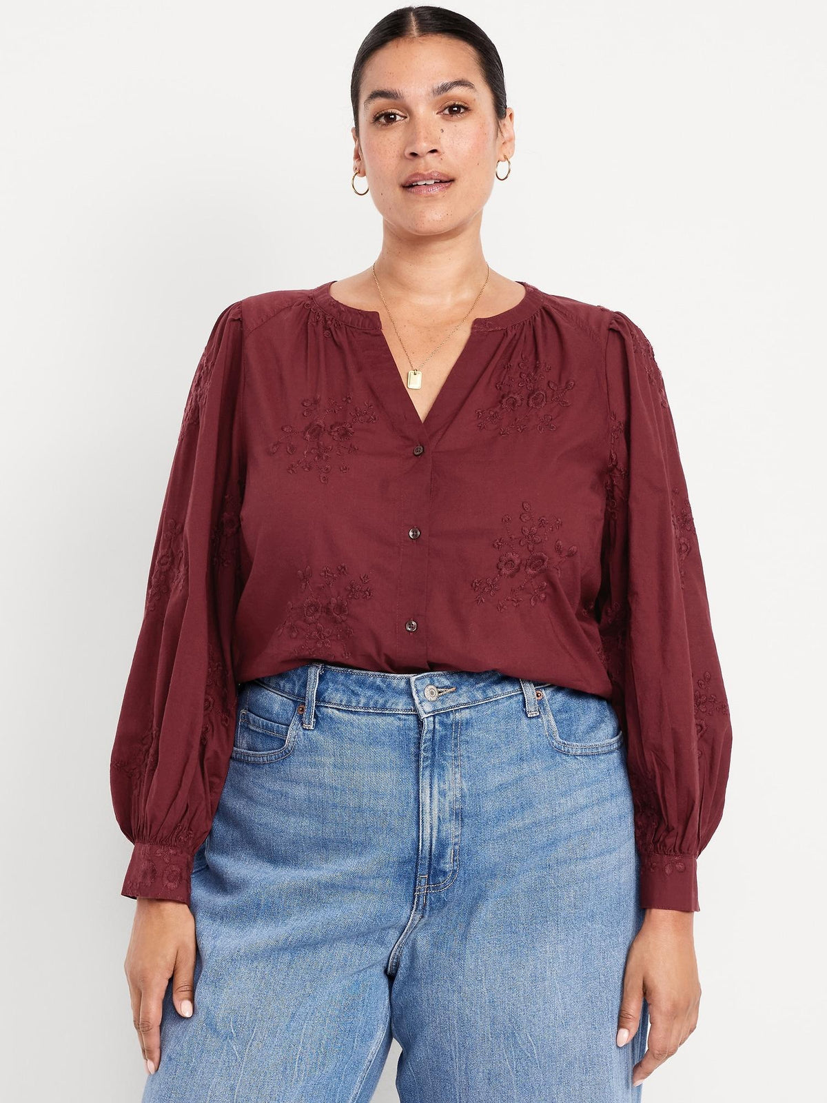 Button-Down Embroidered Top