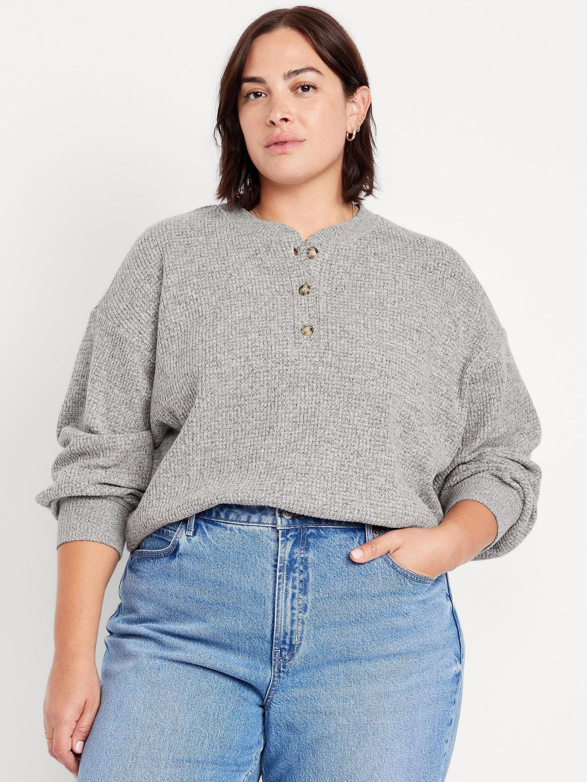 Oversized Cozy Waffle Henley Top