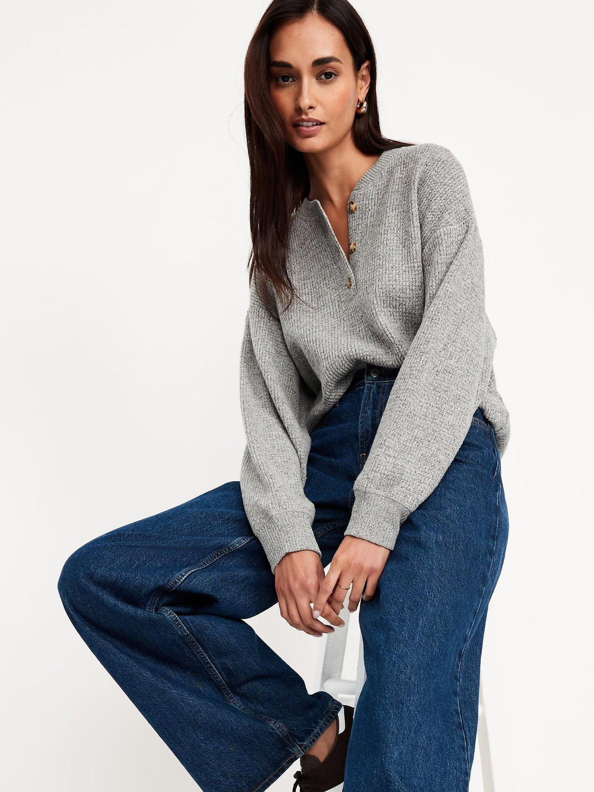 Oversized Cozy Waffle Henley Top
