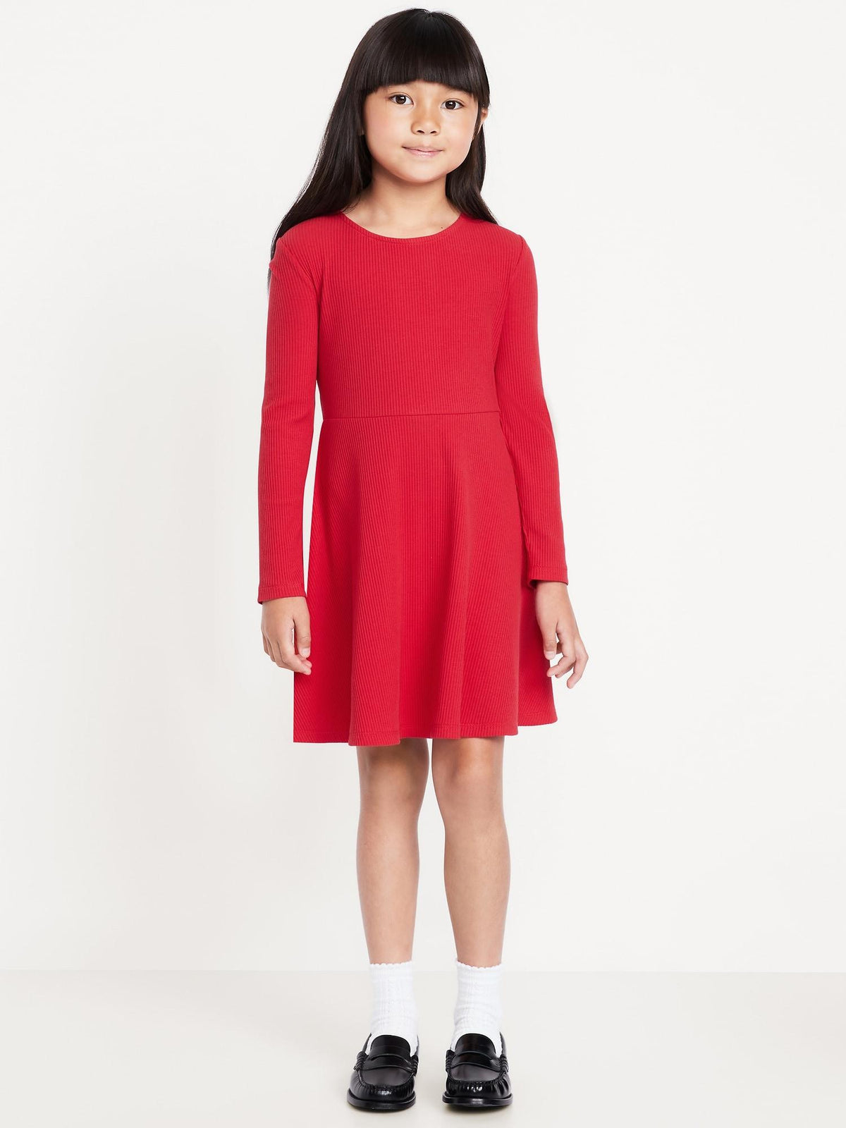 Long-Sleeve Ribbed Fit and Flare Dress for Girls