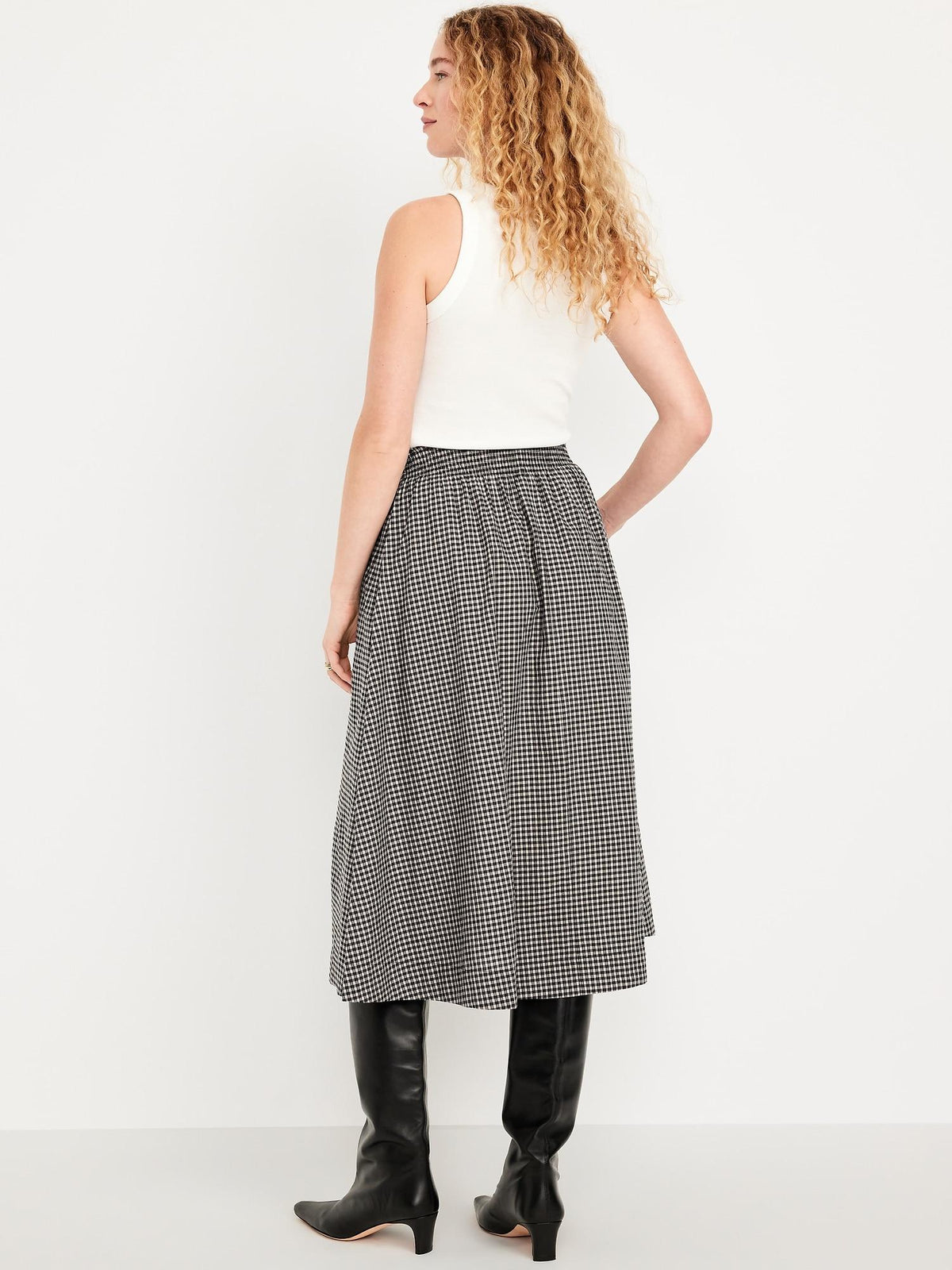 Smocked-Waist Plaid Midi Skirt