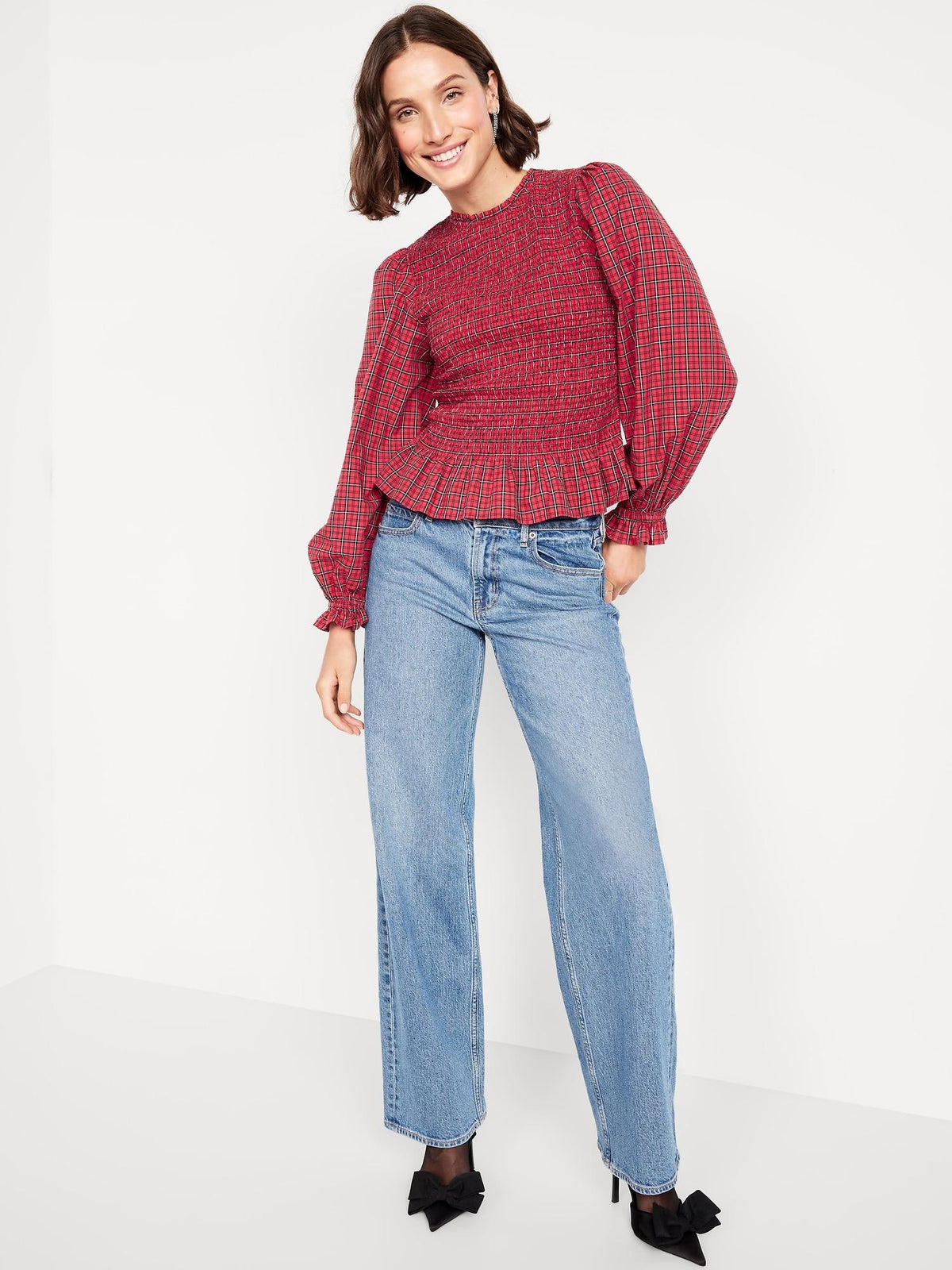 Long-Sleeve Plaid Smocked Top