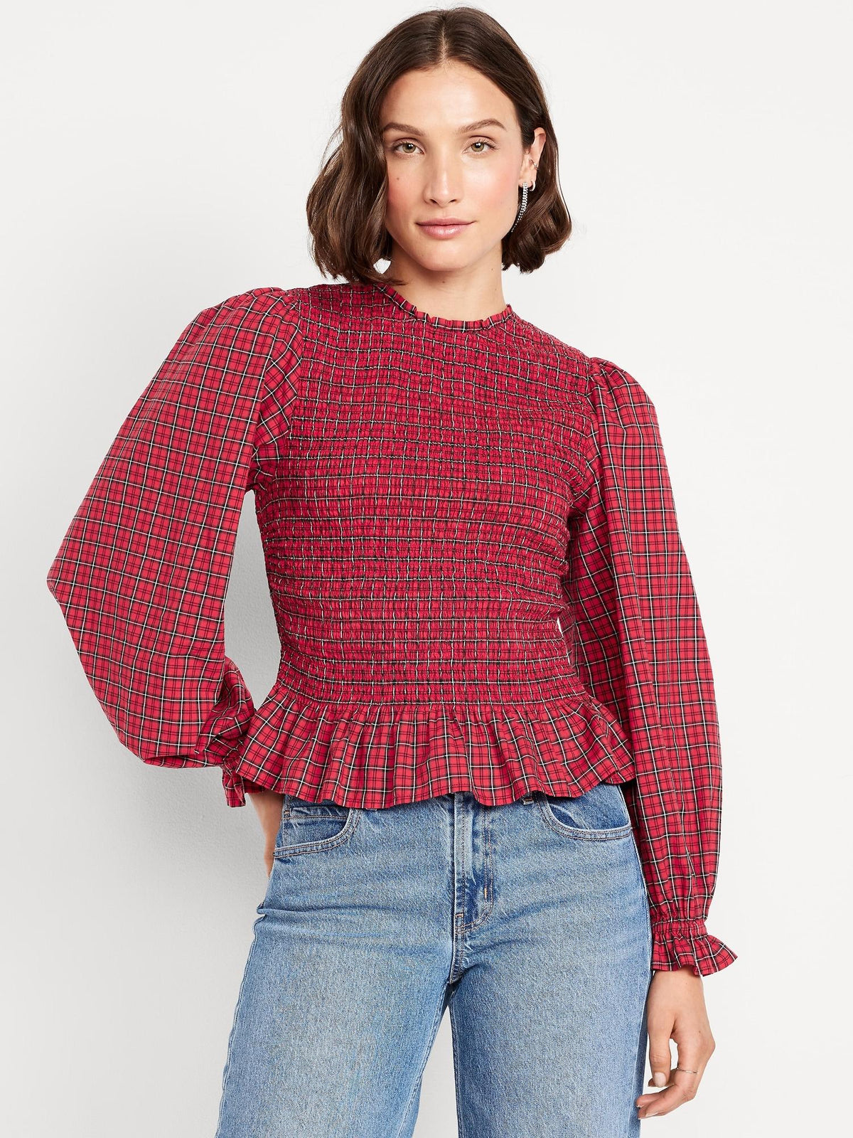 Long-Sleeve Plaid Smocked Top