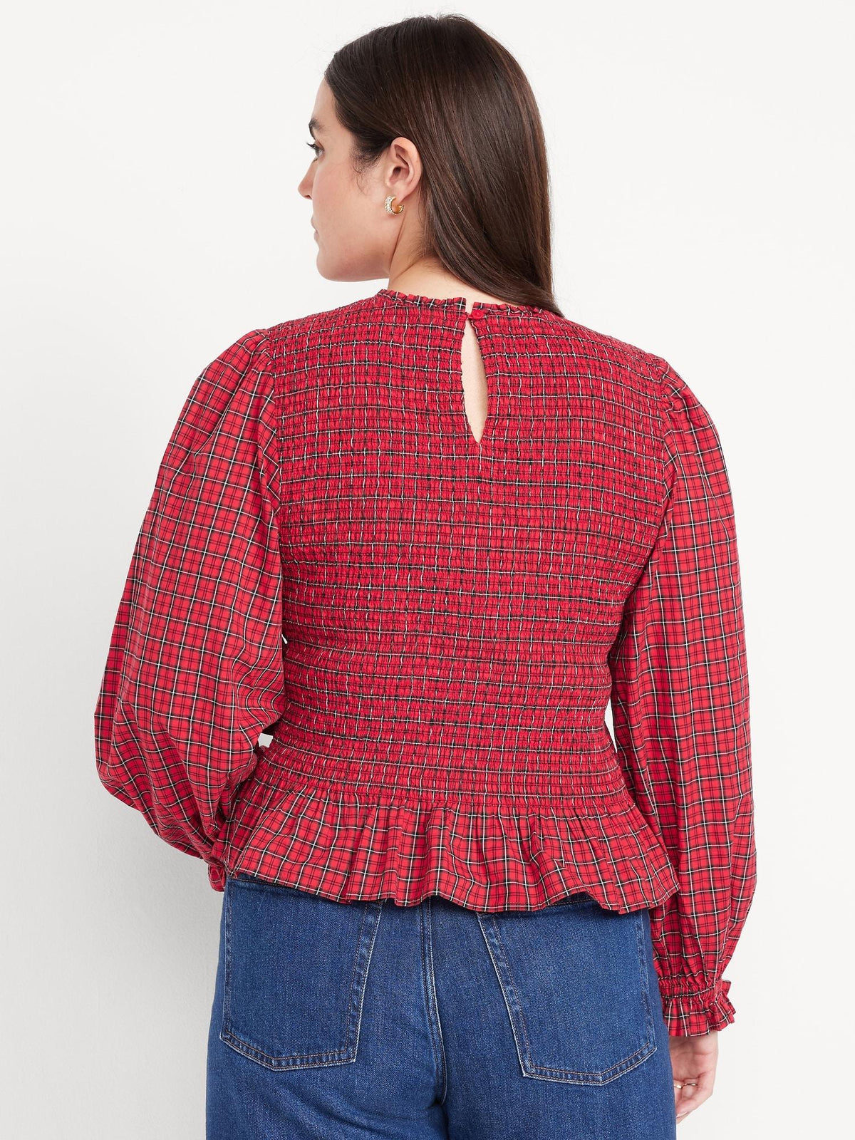 Long-Sleeve Plaid Smocked Top