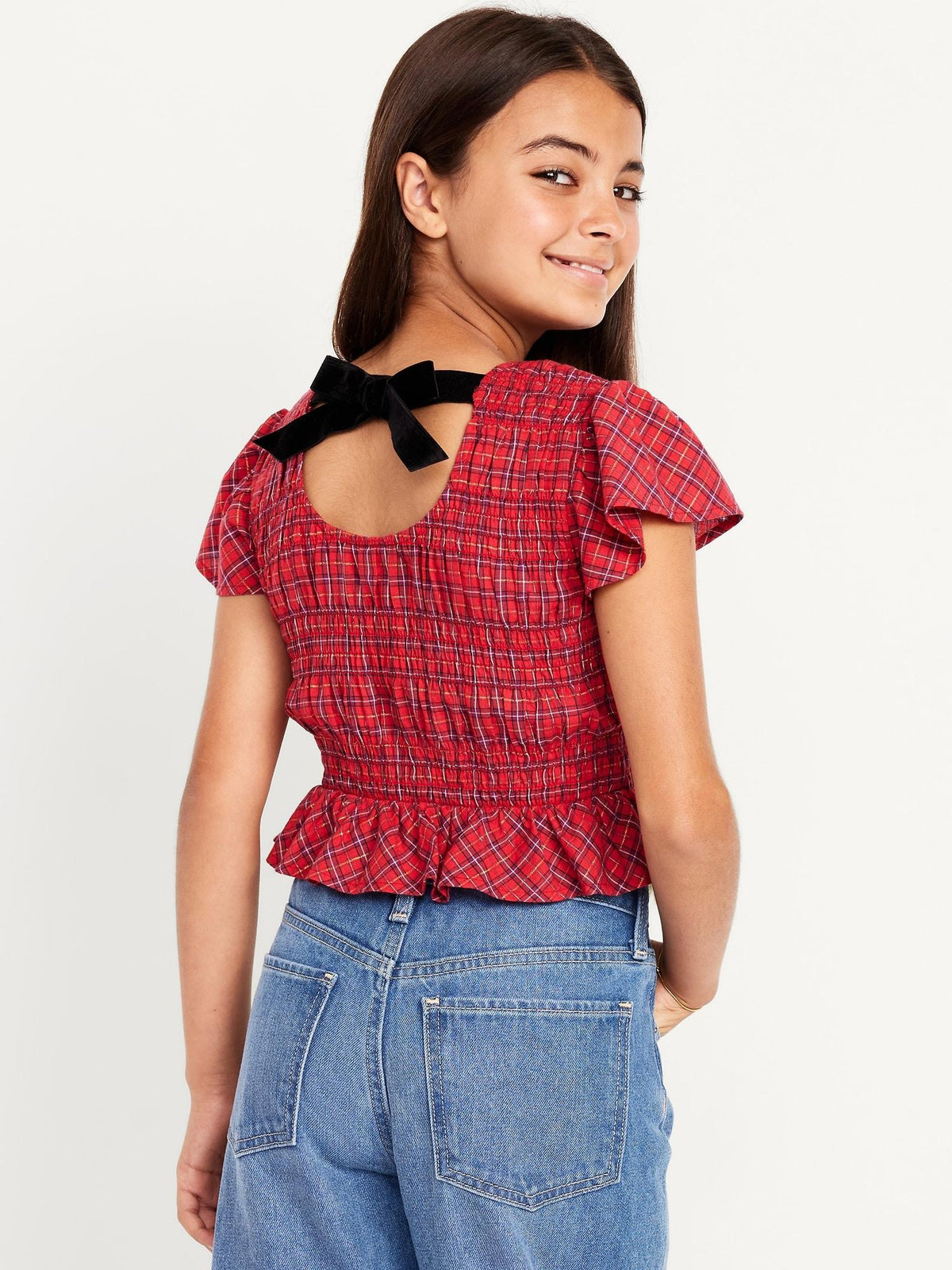 Short-Sleeve Plaid Smocked Top for Girls