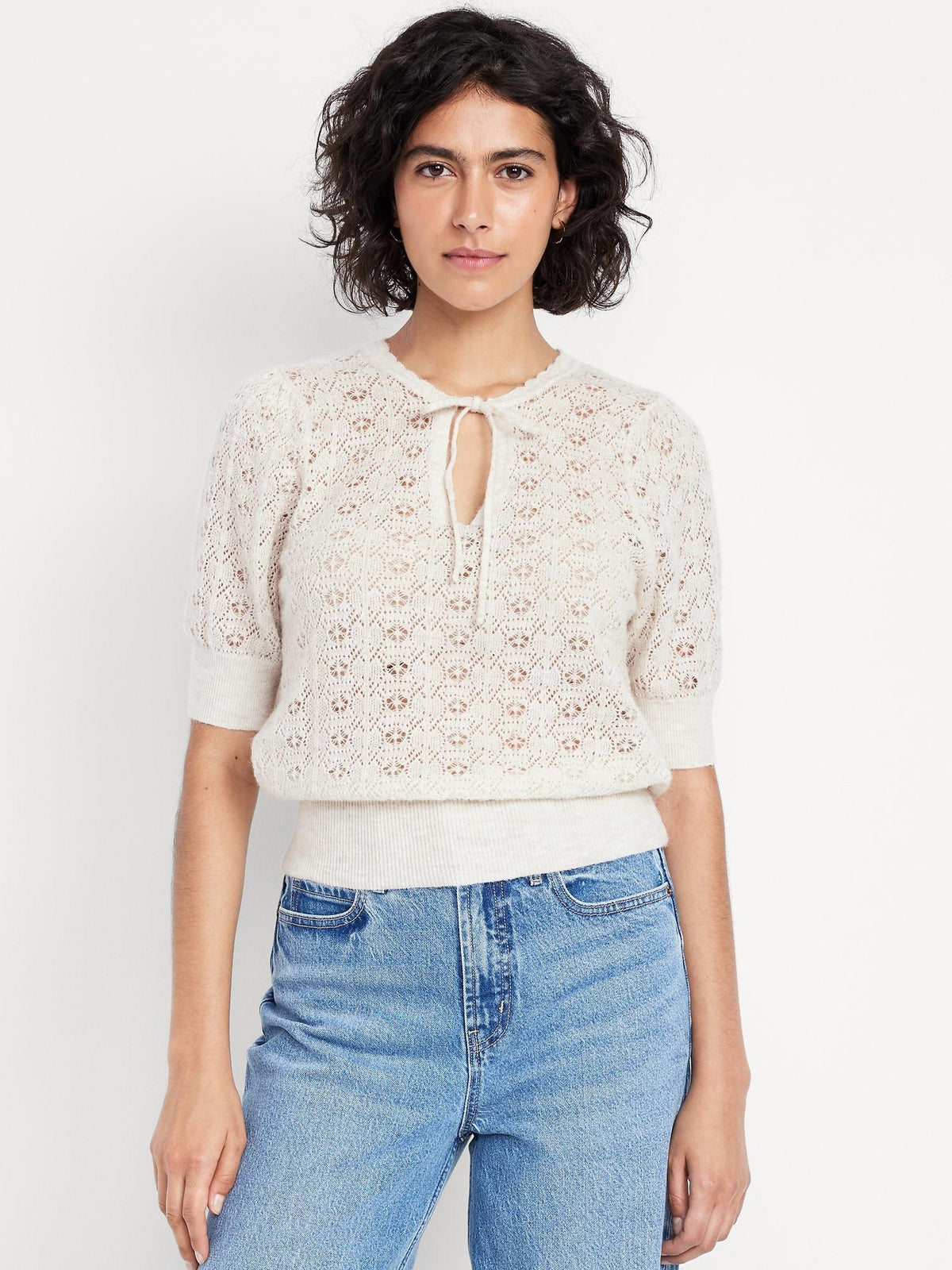 Puff-Sleeve Tie-Neck Pointelle Sweater