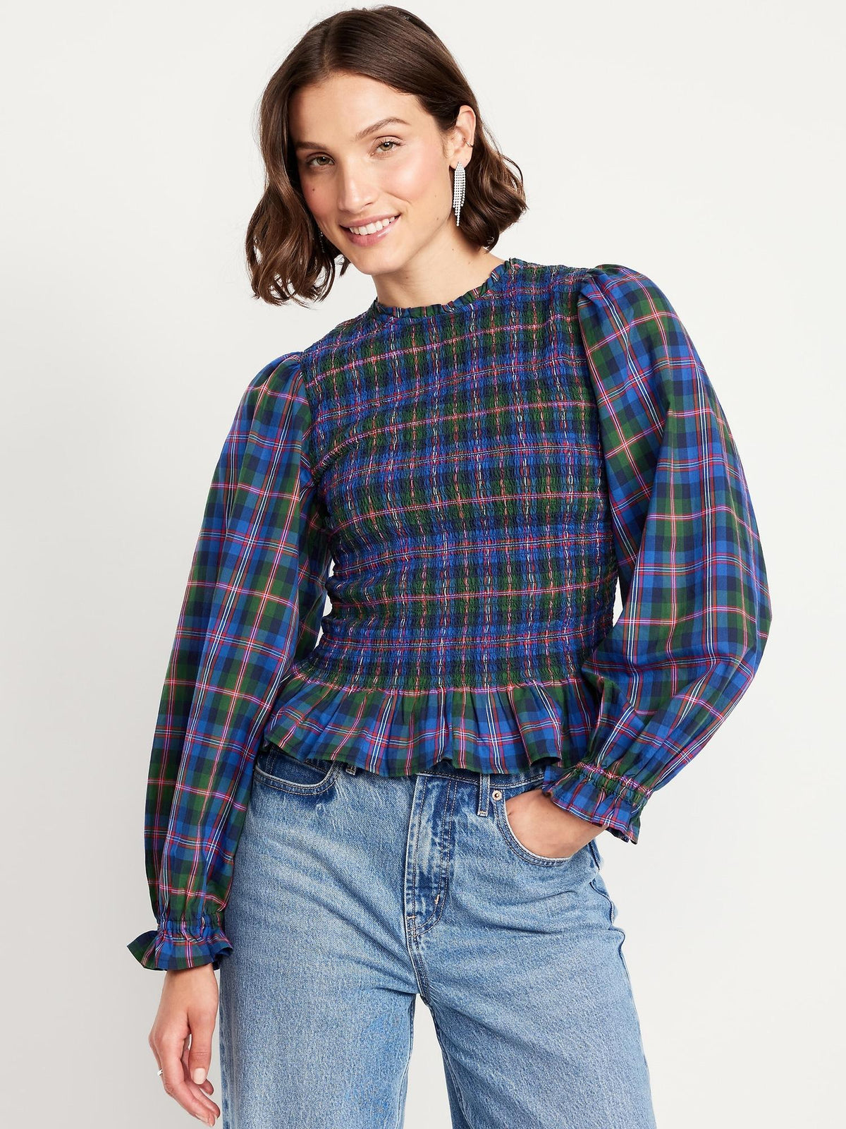 Long-Sleeve Plaid Smocked Top