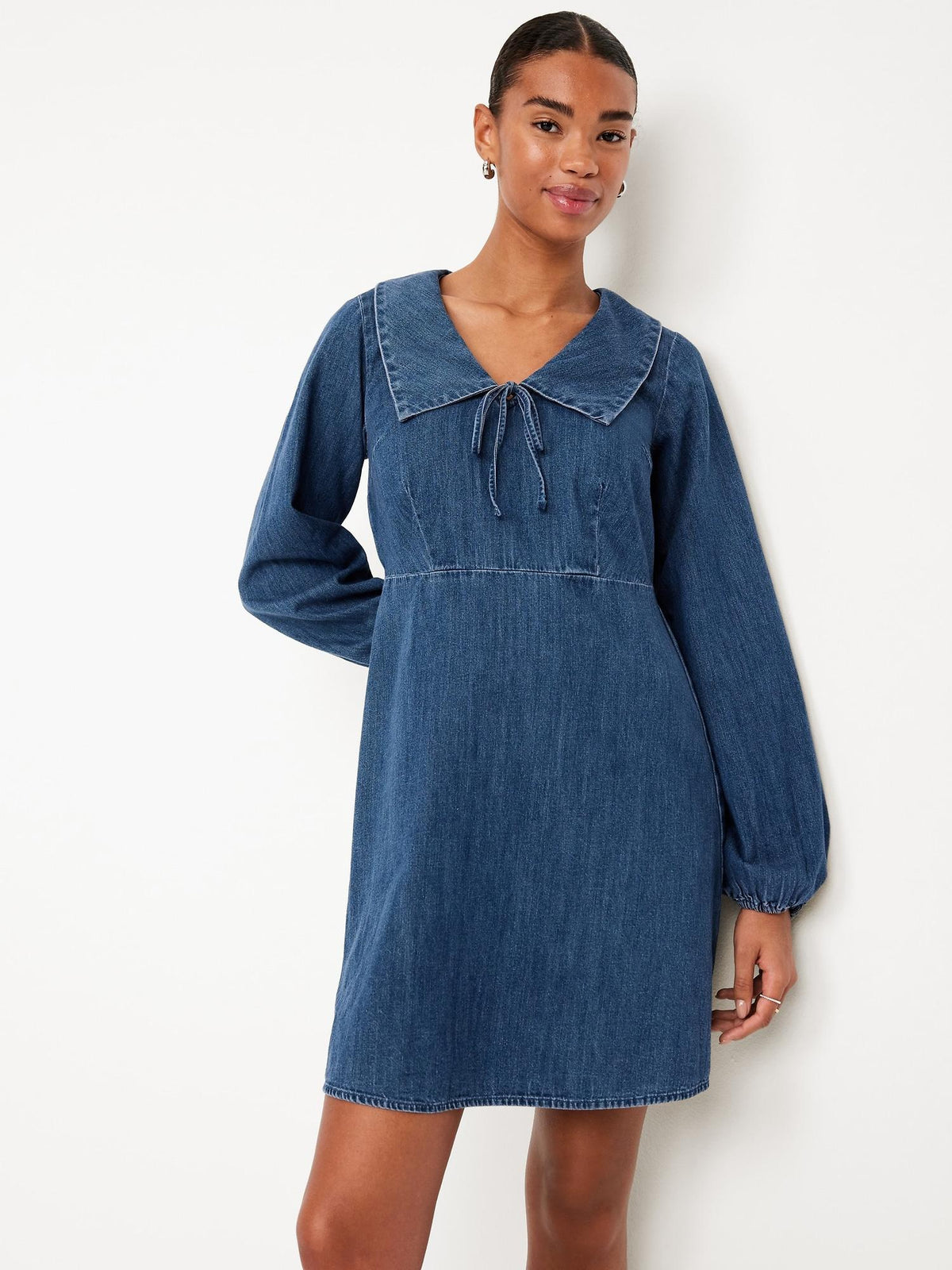 Long-Sleeve Fit & Flare Collared Jean Mini Dress