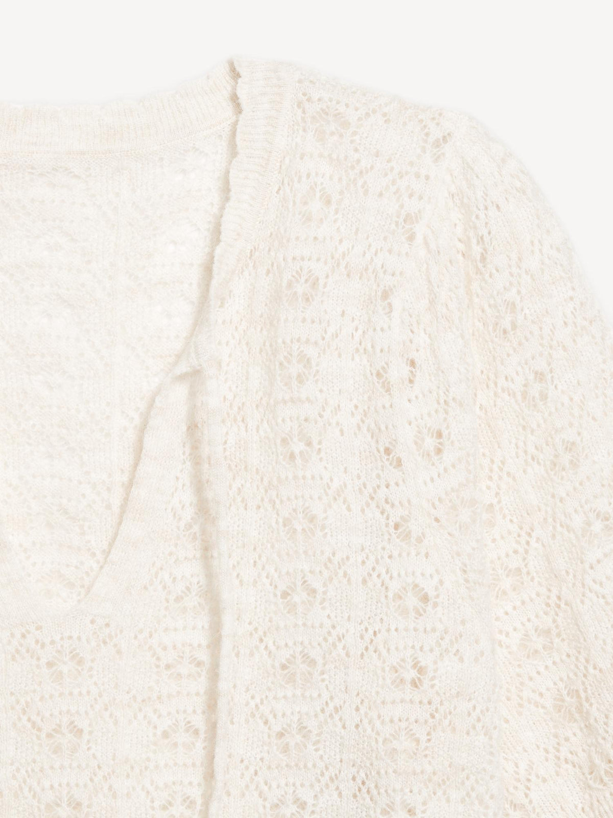 Puff-Sleeve Tie-Neck Pointelle Sweater