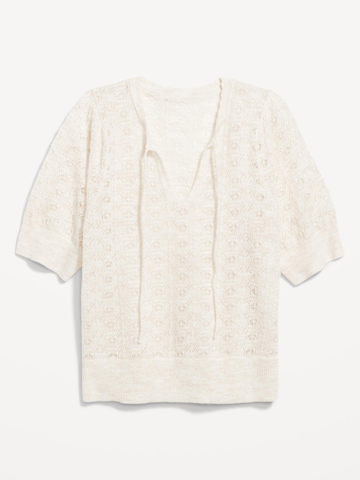 Puff-Sleeve Tie-Neck Pointelle Sweater