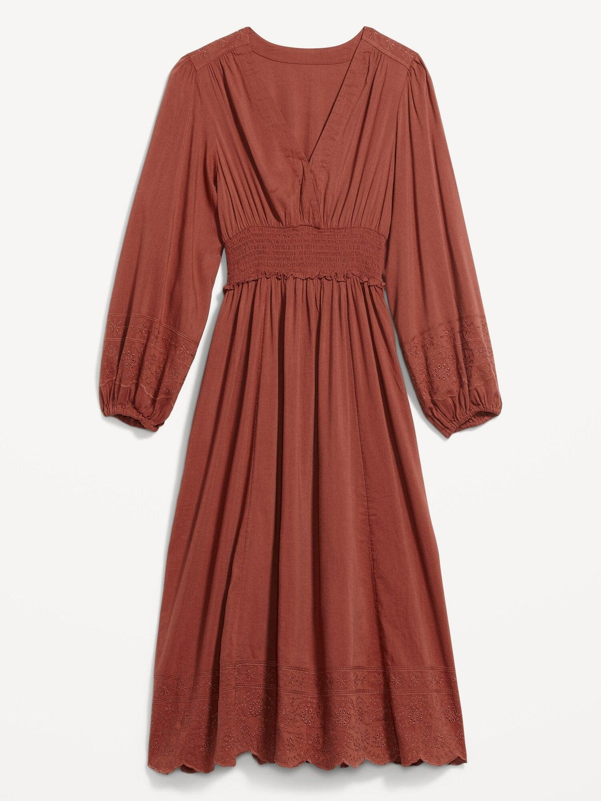 Waist-Defined Puff-Sleeve Smocked Embroidered Midi Dress for Women