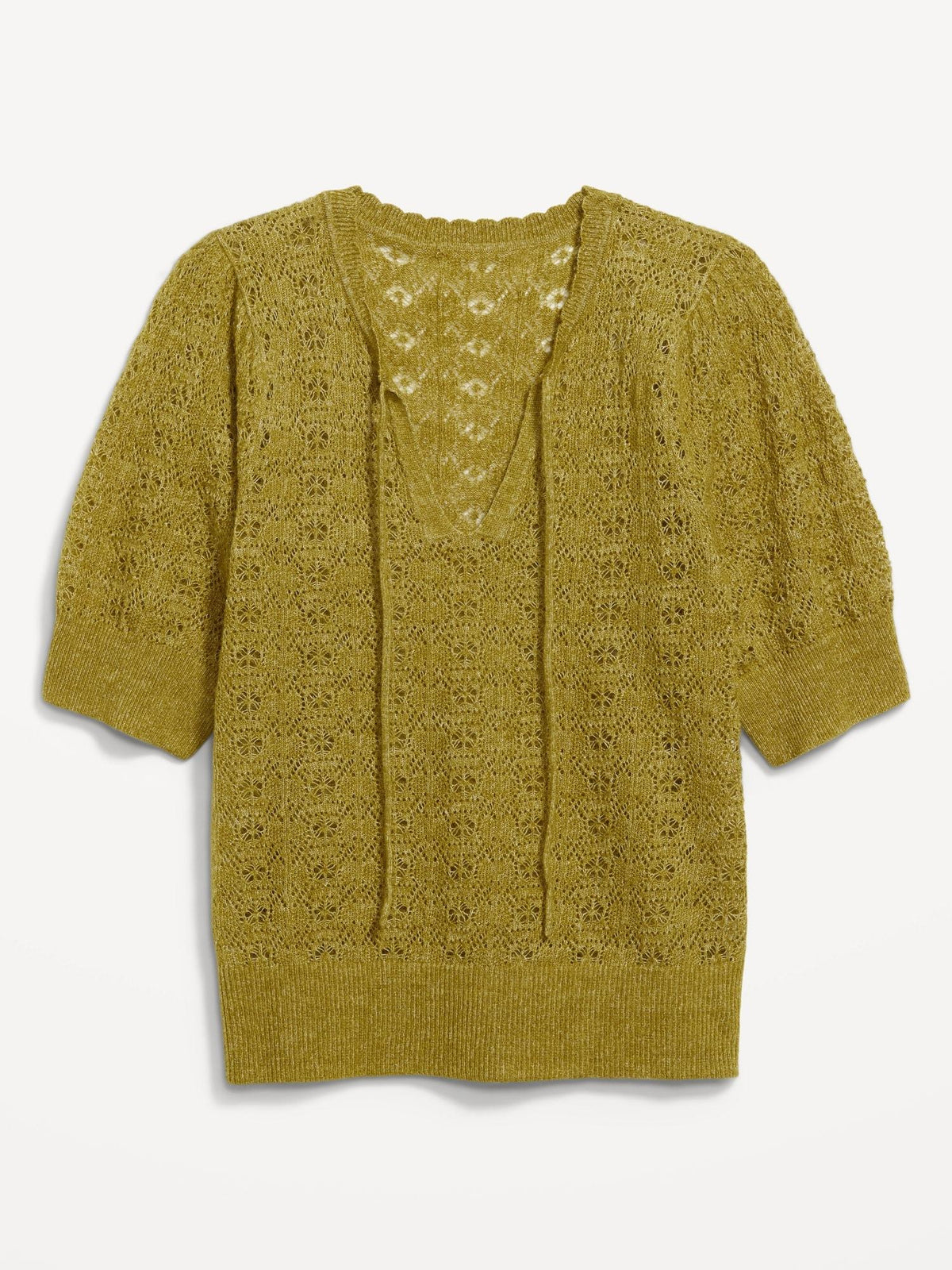 Puff-Sleeve Tie-Neck Pointelle Sweater