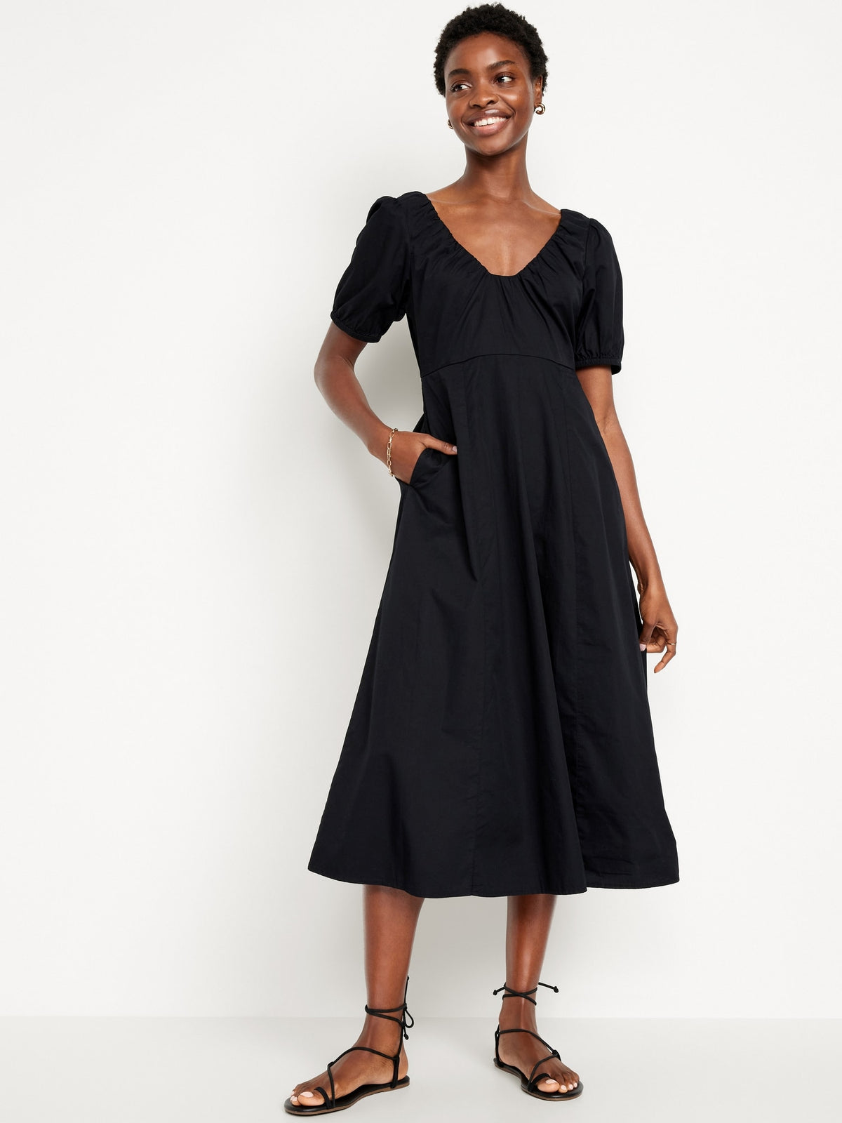 old navy black midi dress OLD NAVY Fit & Flare Crinkled Halter Whimsigoth Midi Dress- Black- Size S