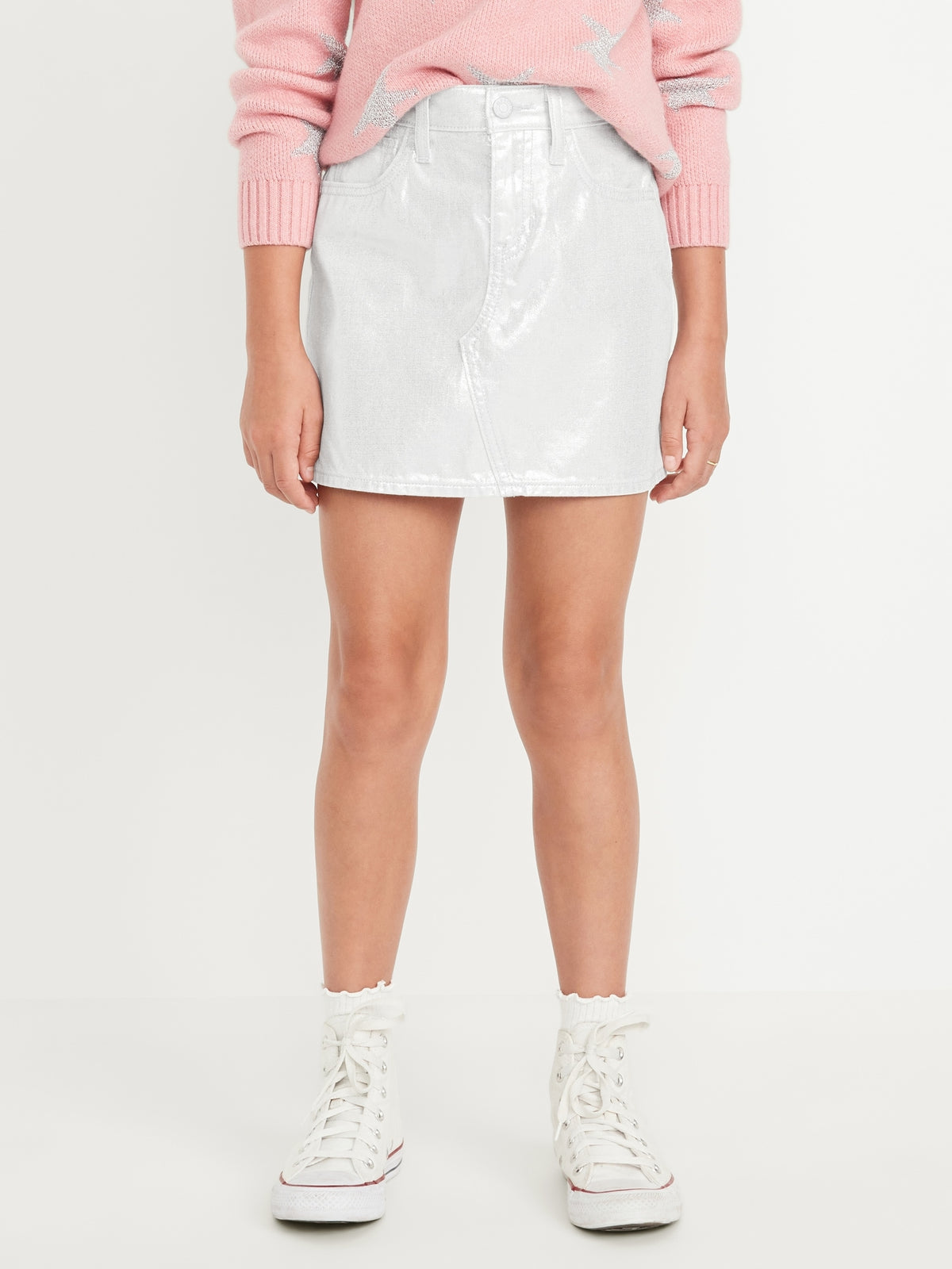 Skirt For Girls White Jean Skirt High-Waisted Shiny Jean Skirt For