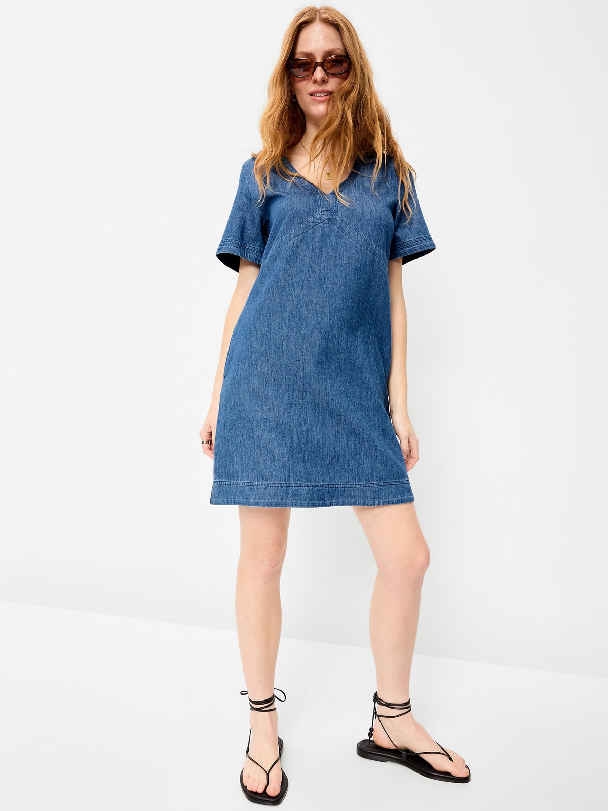 Short-Sleeve Denim Mini Shift Dress